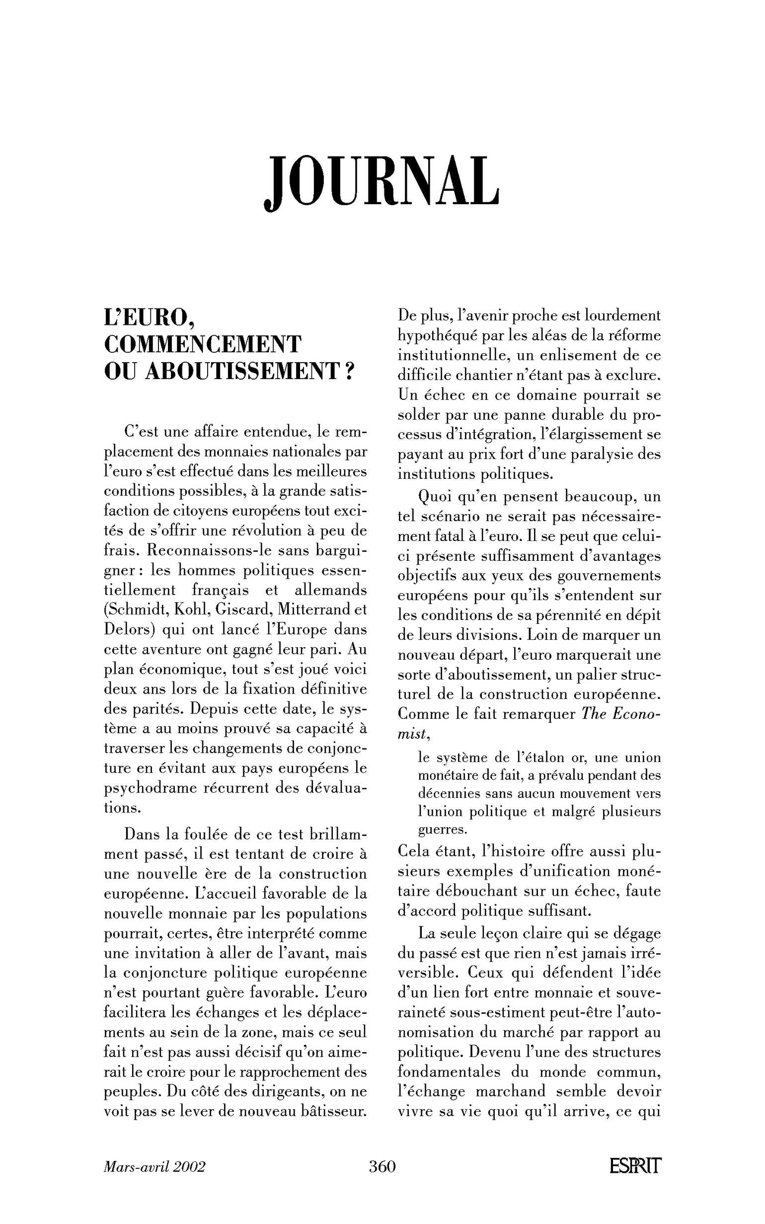 L’euro, commencement ou aboutissement?