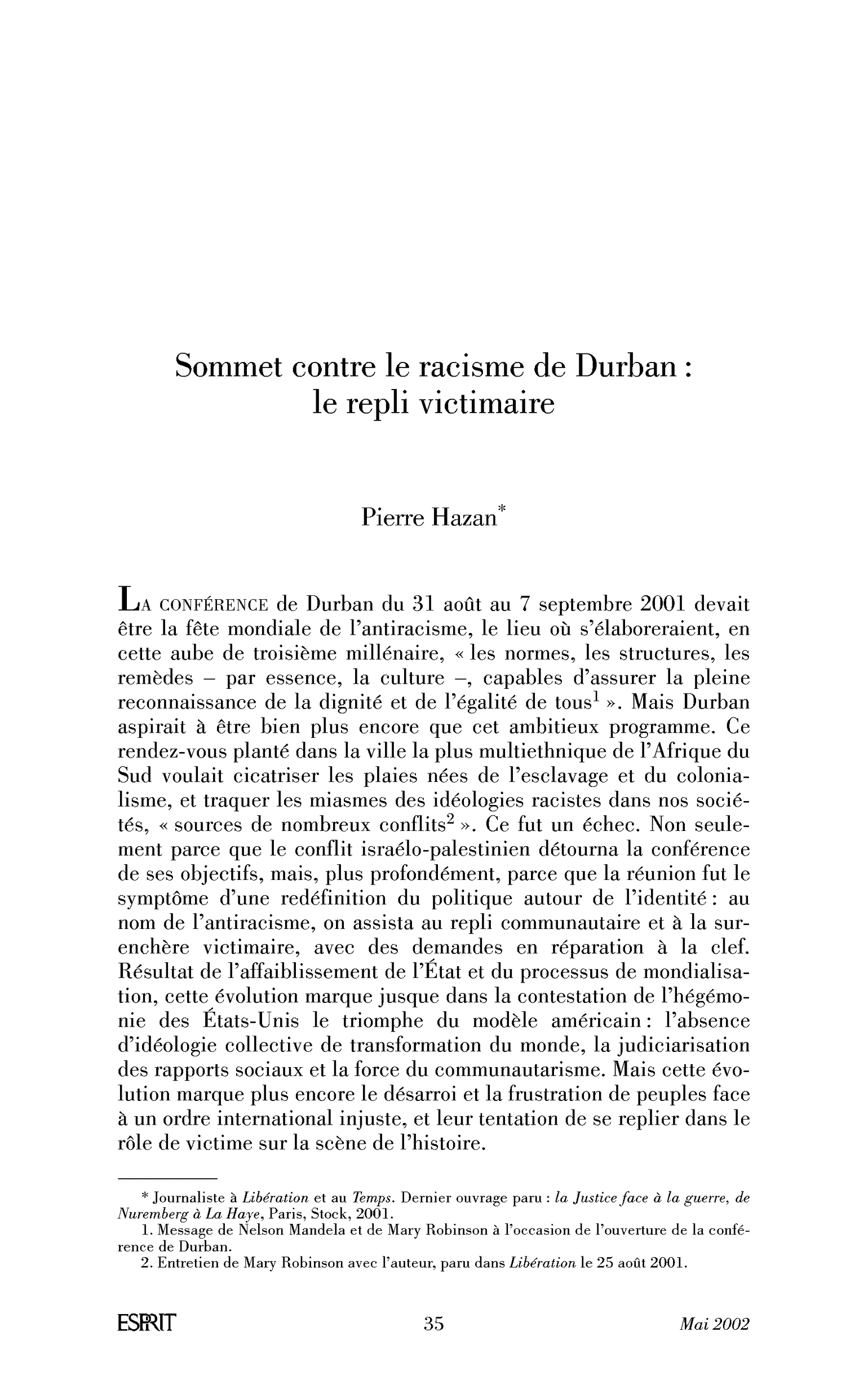 Sommet contre le racisme de Durban: le repli victimaire