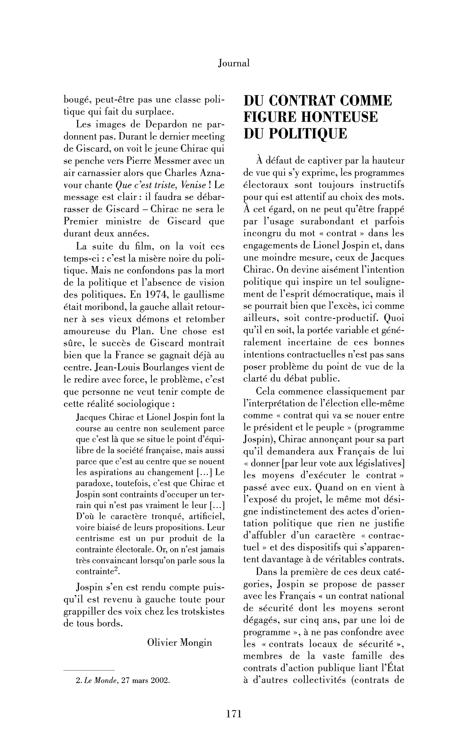 Du contrat comme figure honteuse du politique