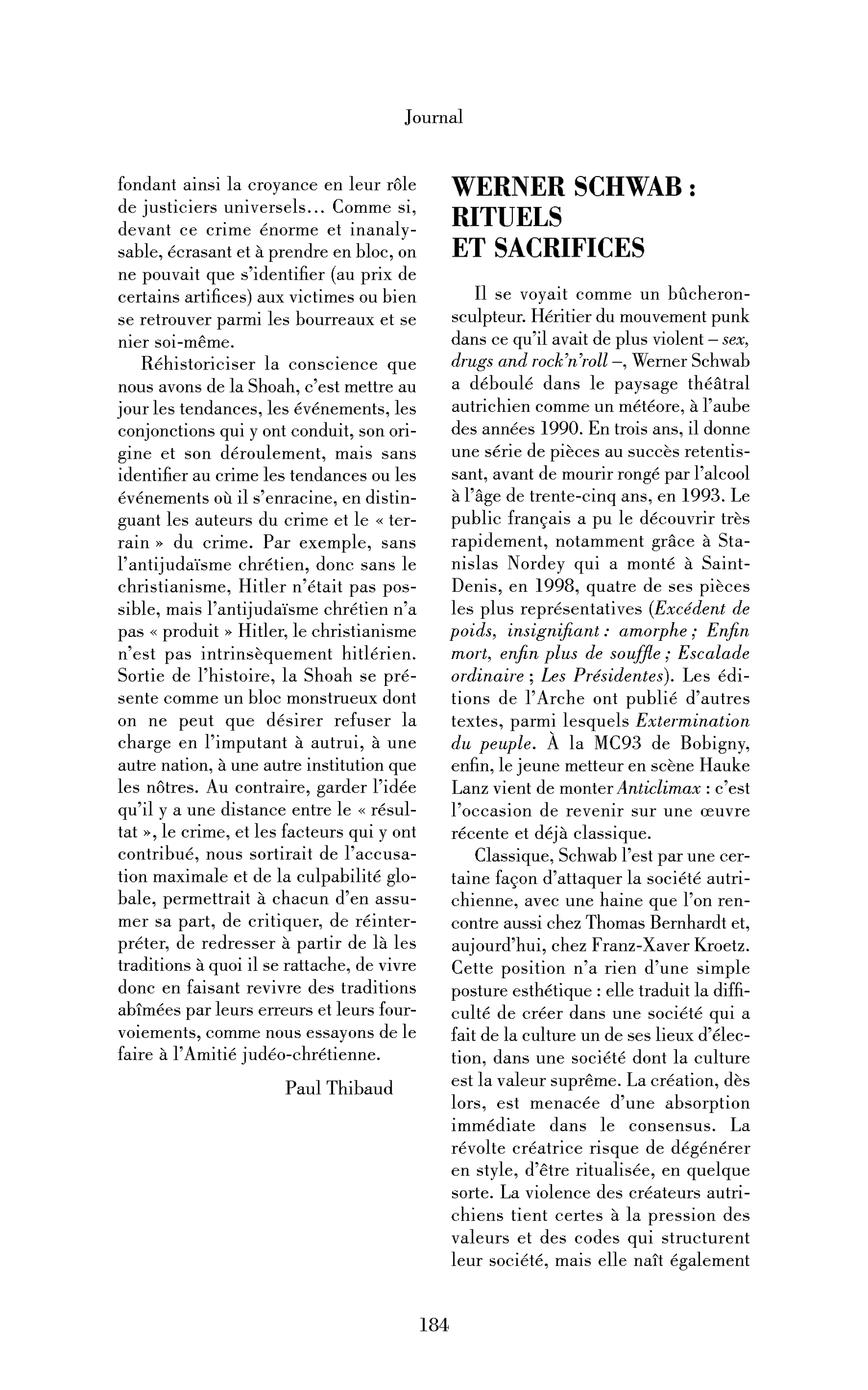 Werner Schwab: rituels et sacrifices