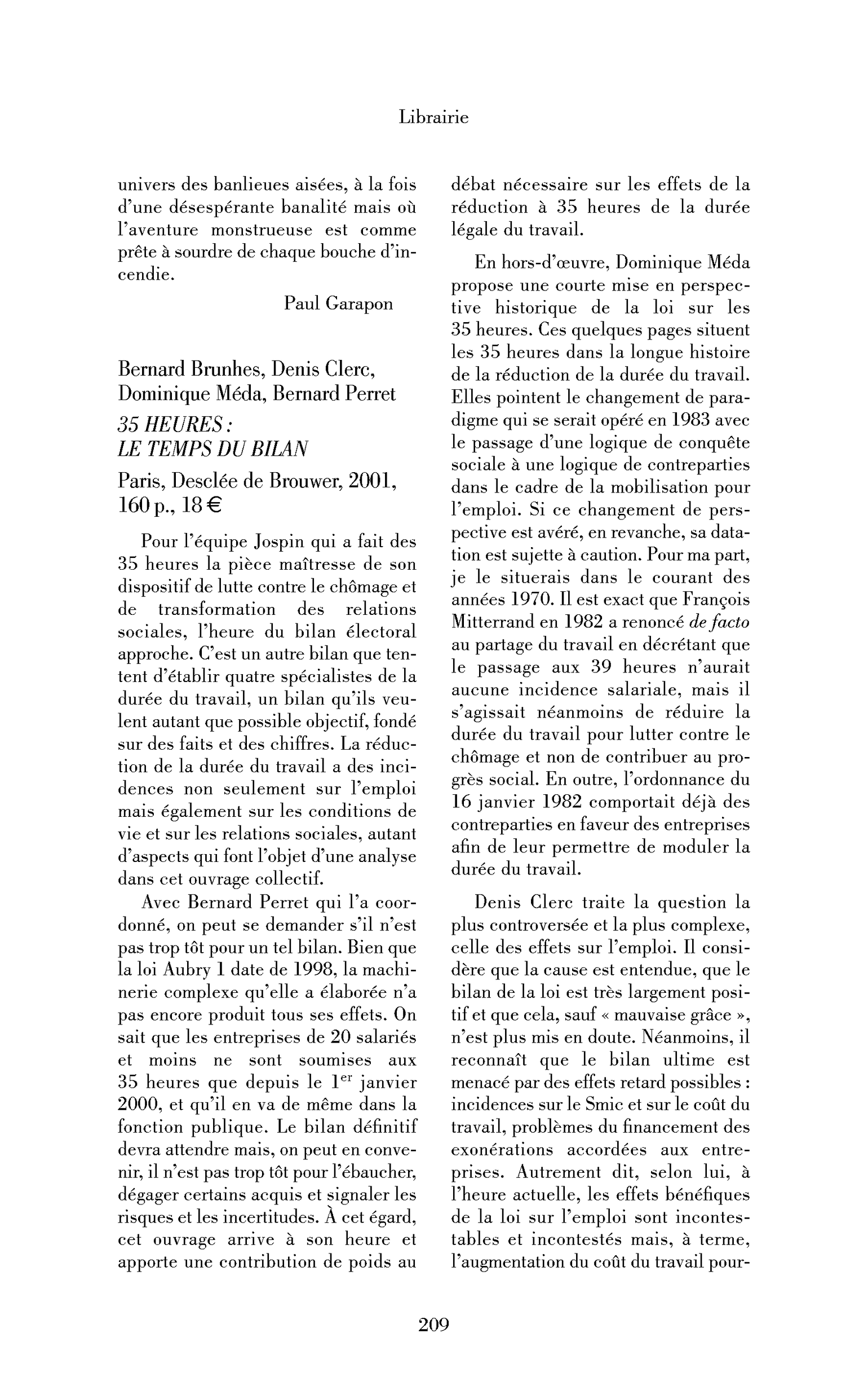 Bernard Brunhes, Denis Clerc, Dominique Méda, Bernard Perret: 35 heures: le temps du bilan