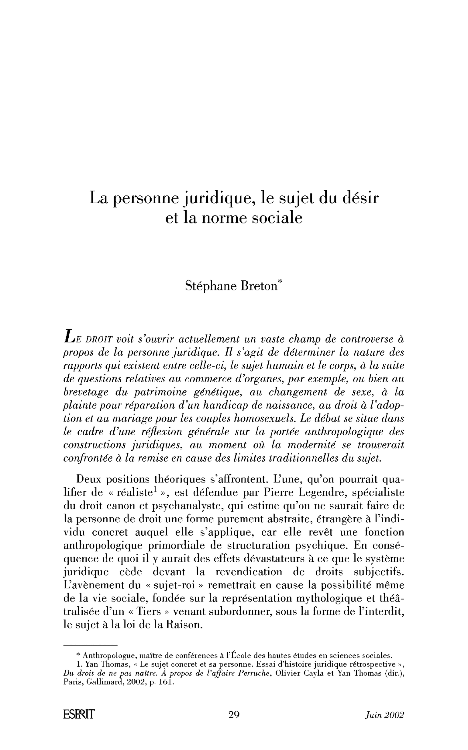 La personne juridique, le sujet du désir et la norme sociale
