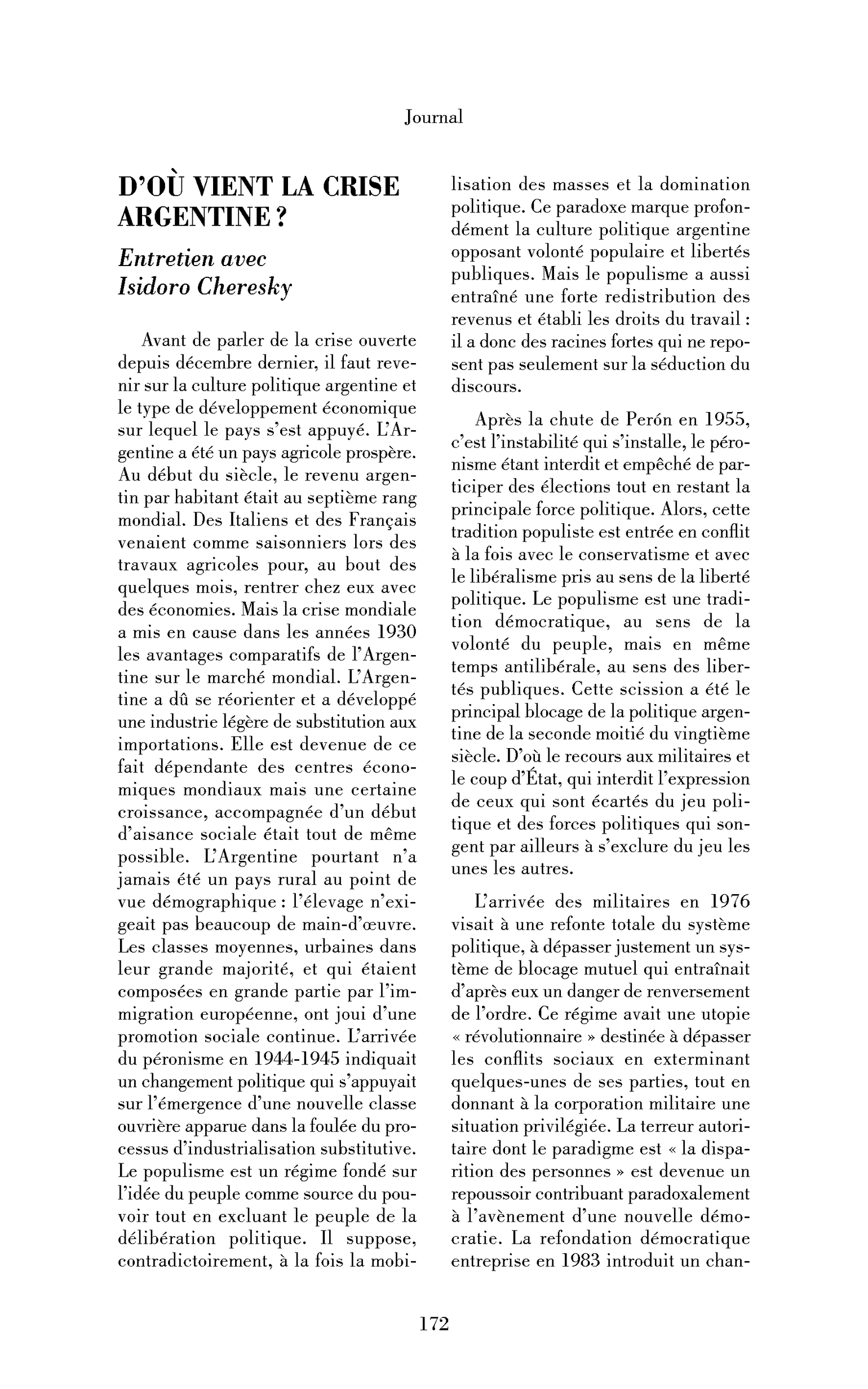 D’où vient la crise argentine? (entretien)
