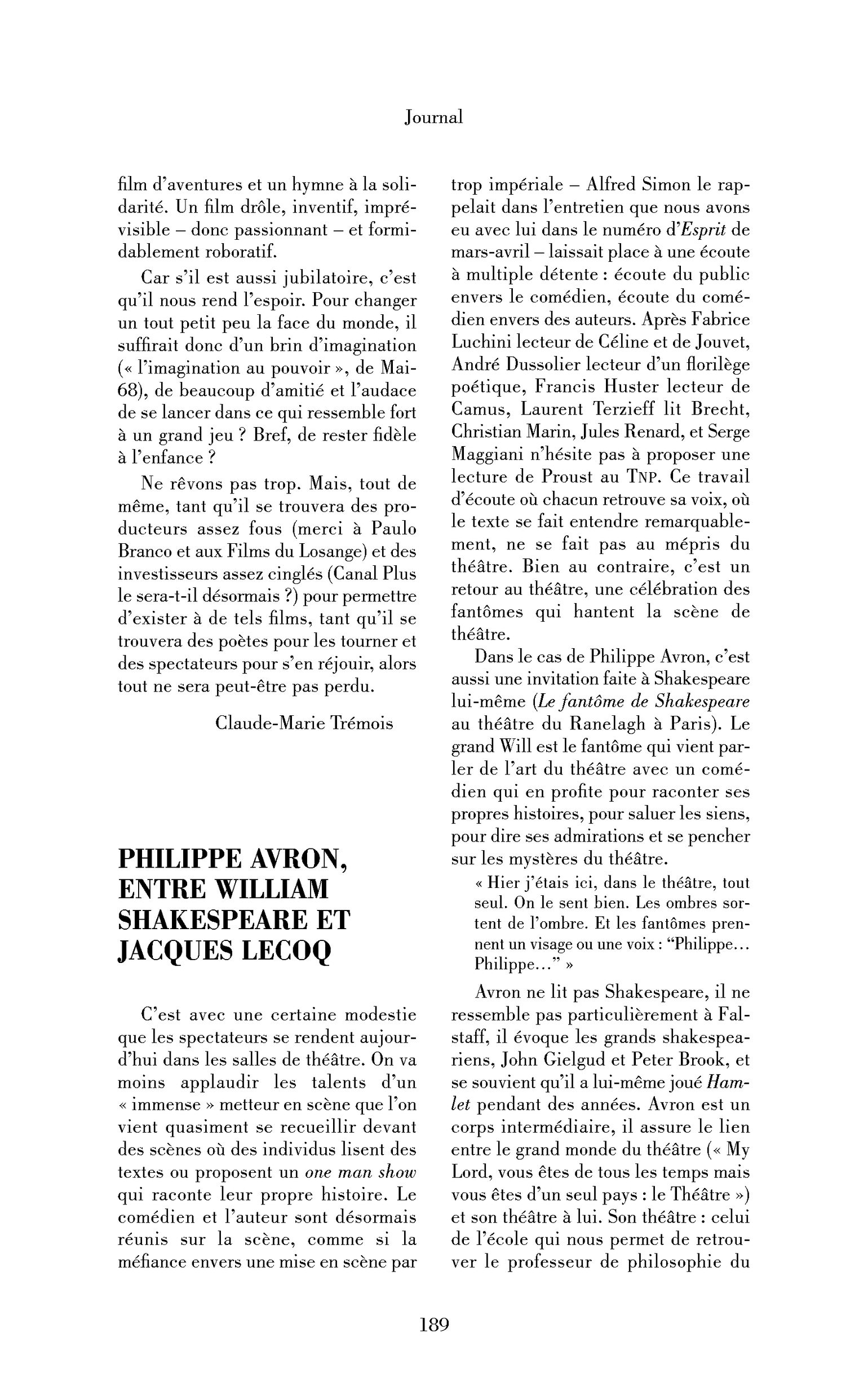 Philippe Avron, entre William Shakespeare et Jacques Lecoq