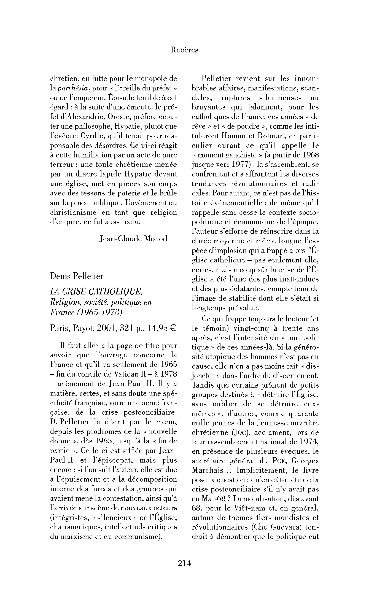 Denis Pelletier: la Crise catholique