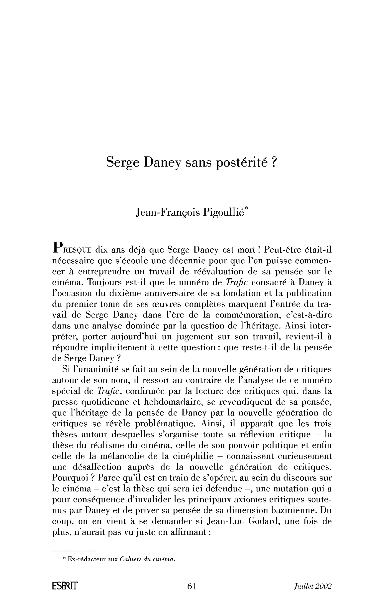 Serge Daney sans postérité?