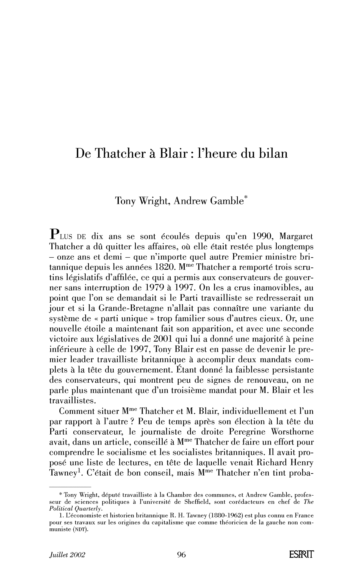 De Thatcher à Blair: l’heure du bilan