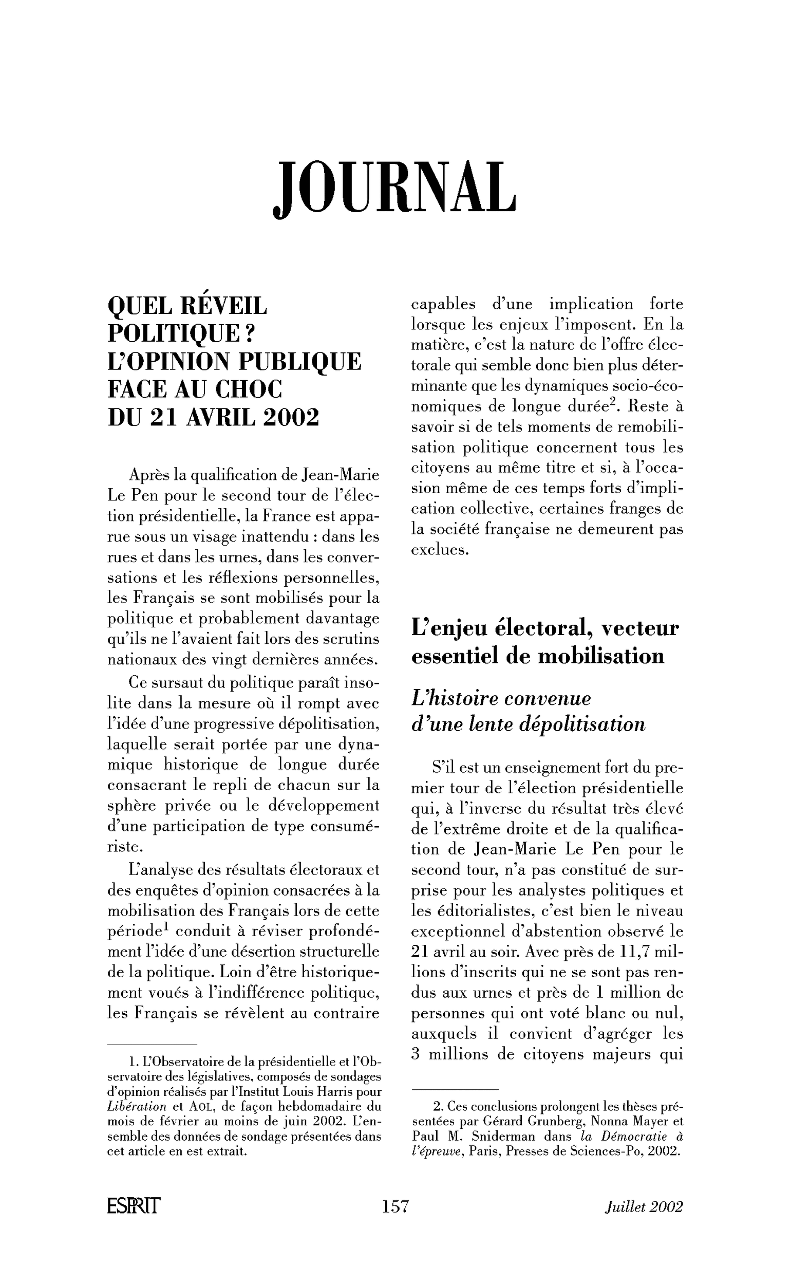 Quel réveil politique? L’opinion publique face au choc du 21 avril 2002