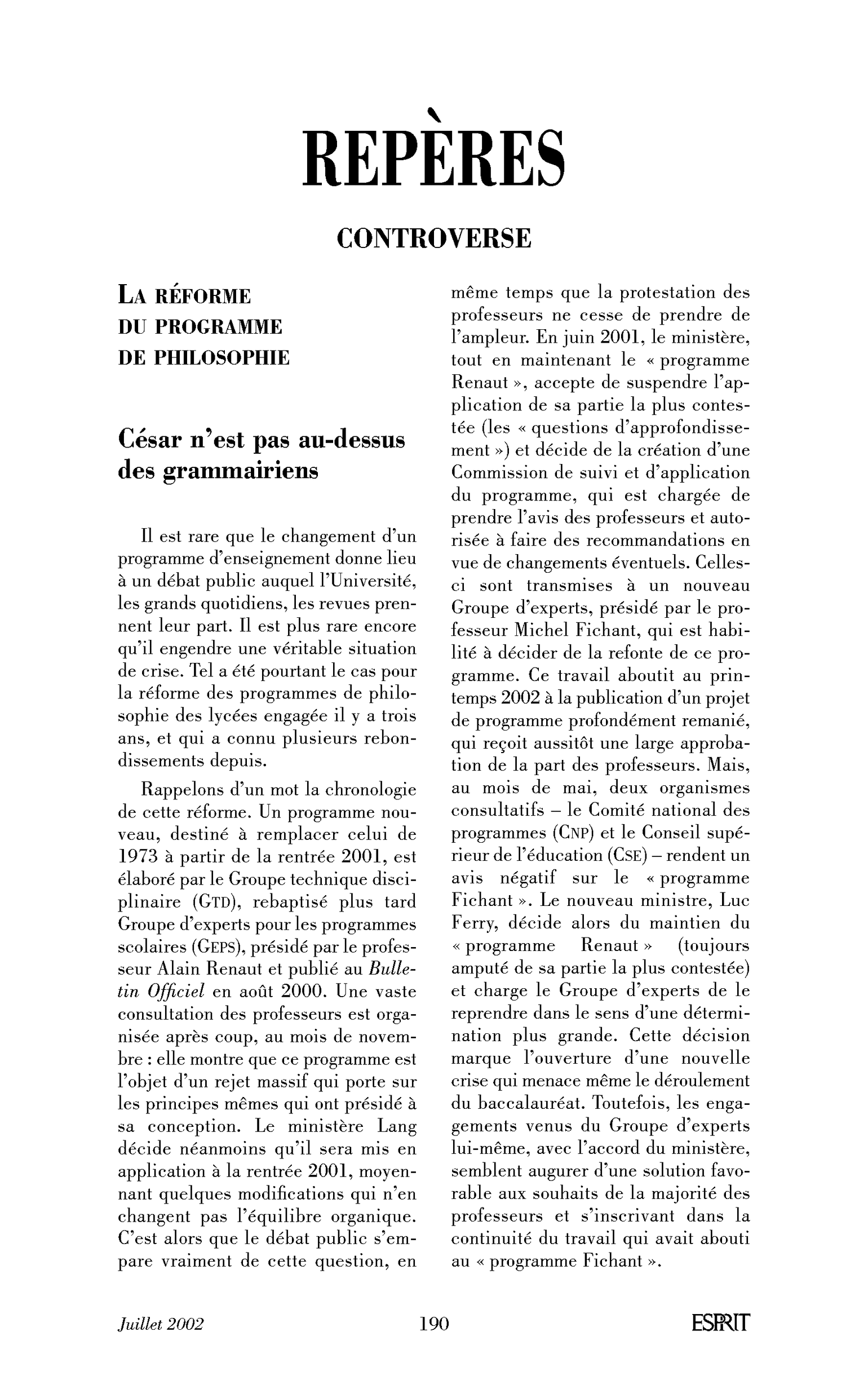 La réforme du programme de philosophie. 1. César n’est pas au-dessus des grammairiens
