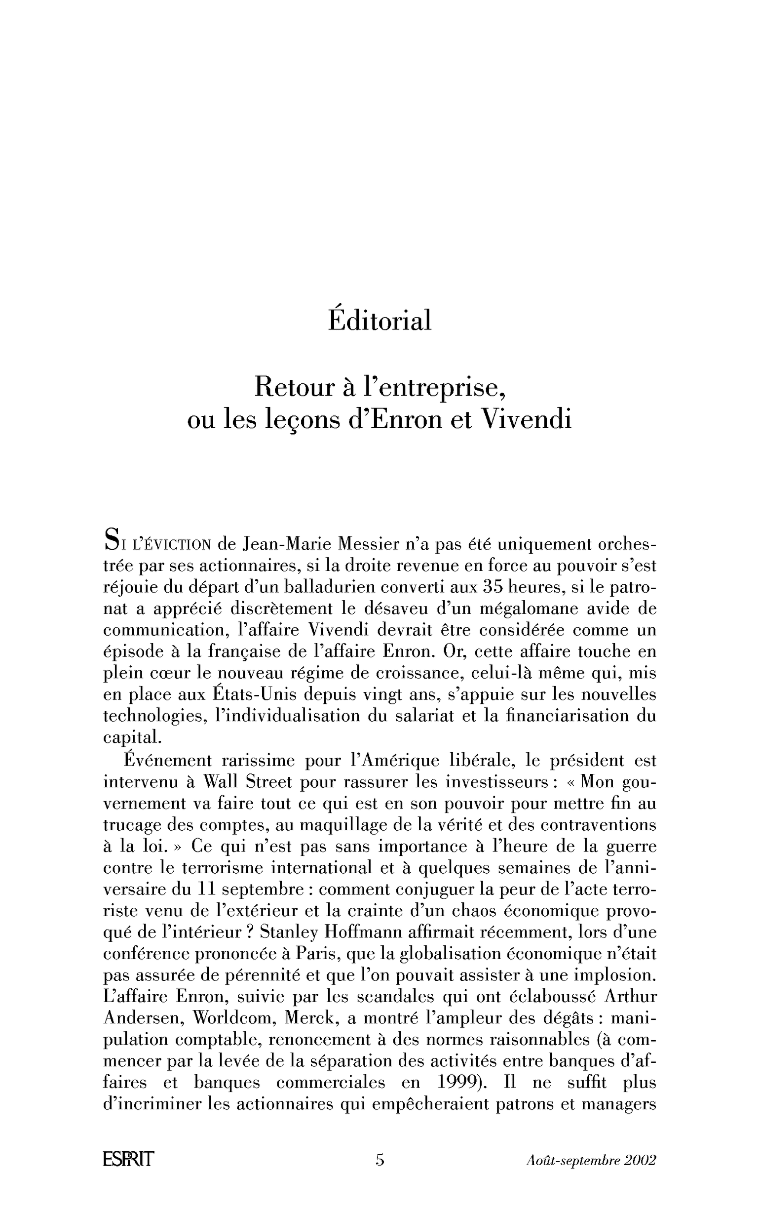 Retour à l’entreprise, ou les leçons d’Enron et Vivendi