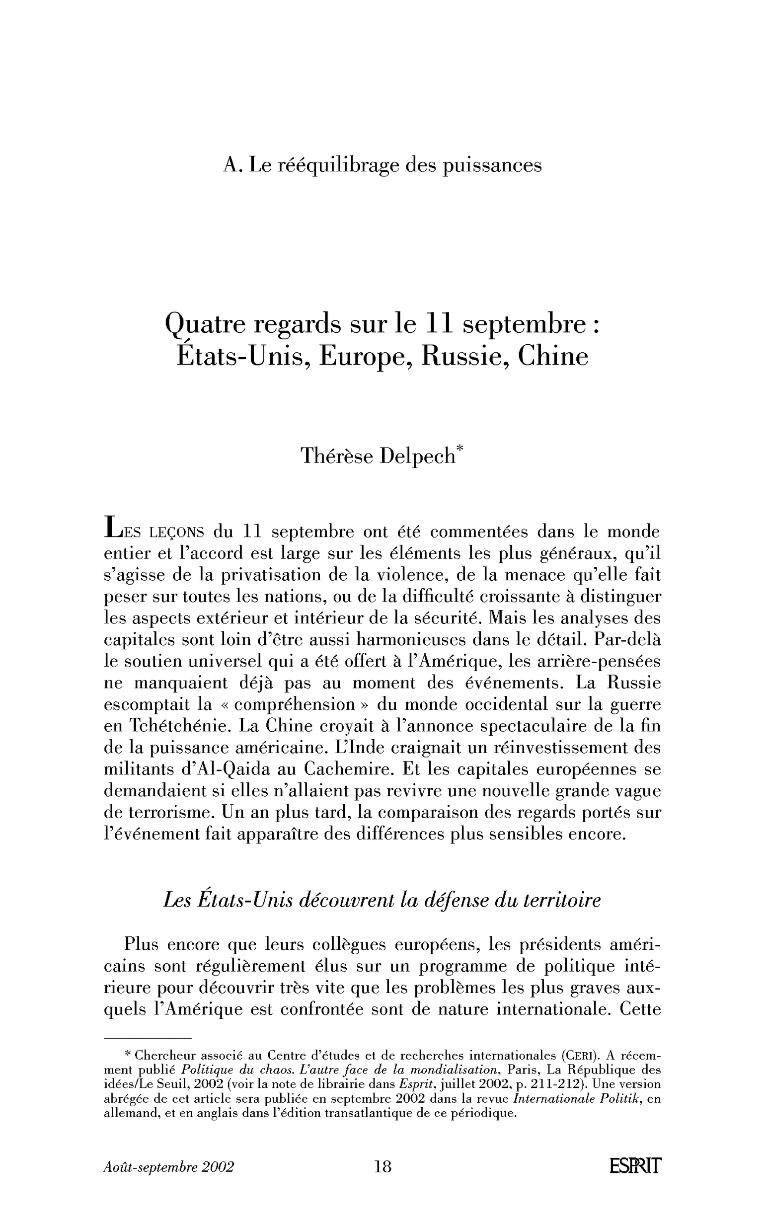 Quatre regards sur le 11 septembre: États-Unis, Europe, Russie, Chine