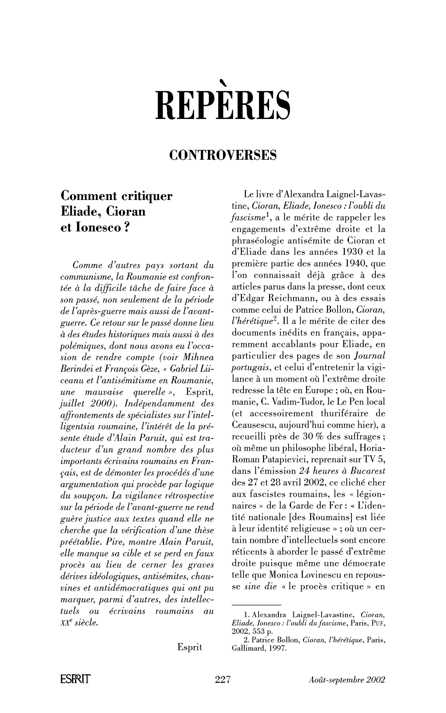 Comment critiquer Eliade, Cioran et Ionesco?