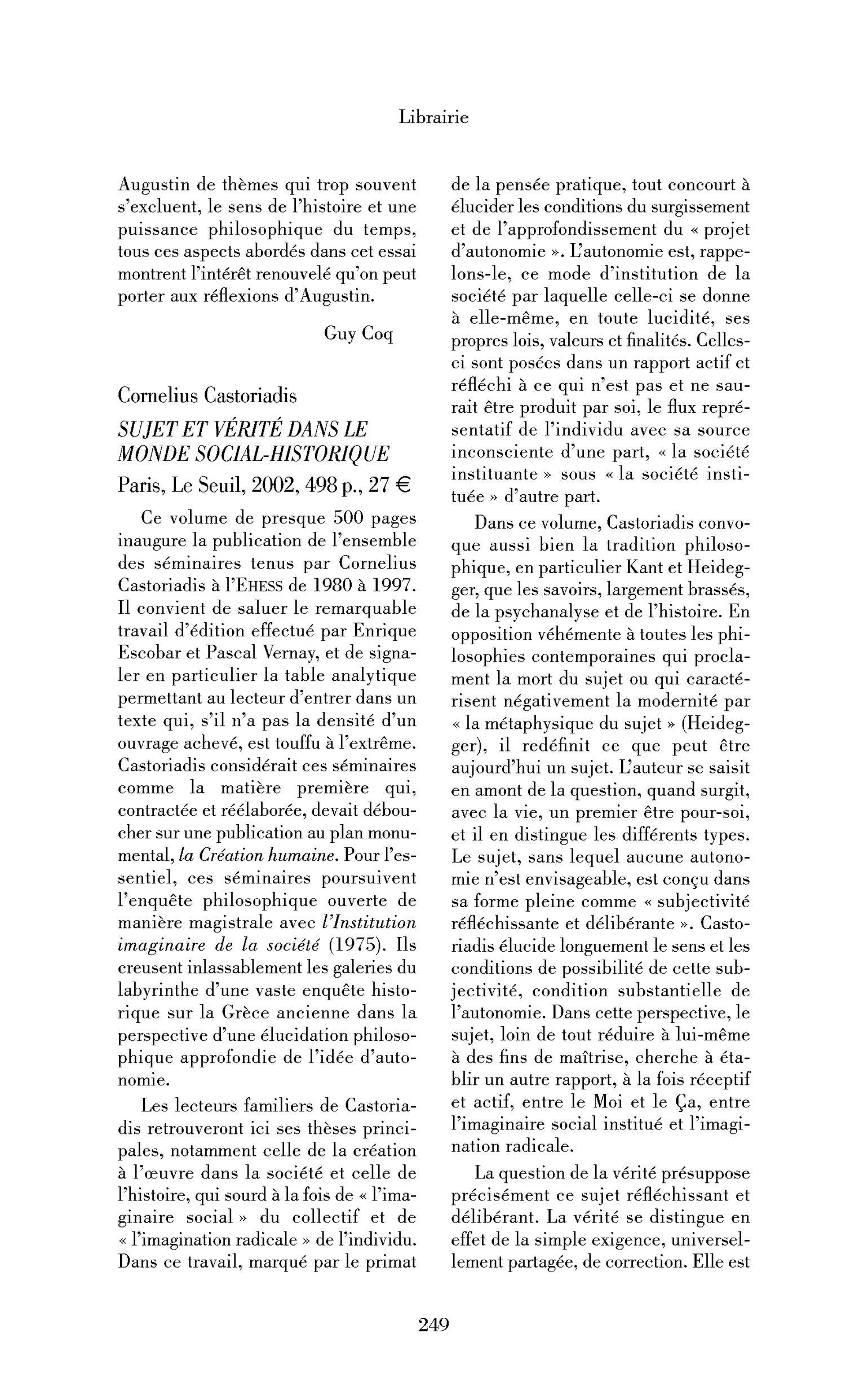 Cornelius Castoriadis: Sujet et vérité dans le monde social-historique