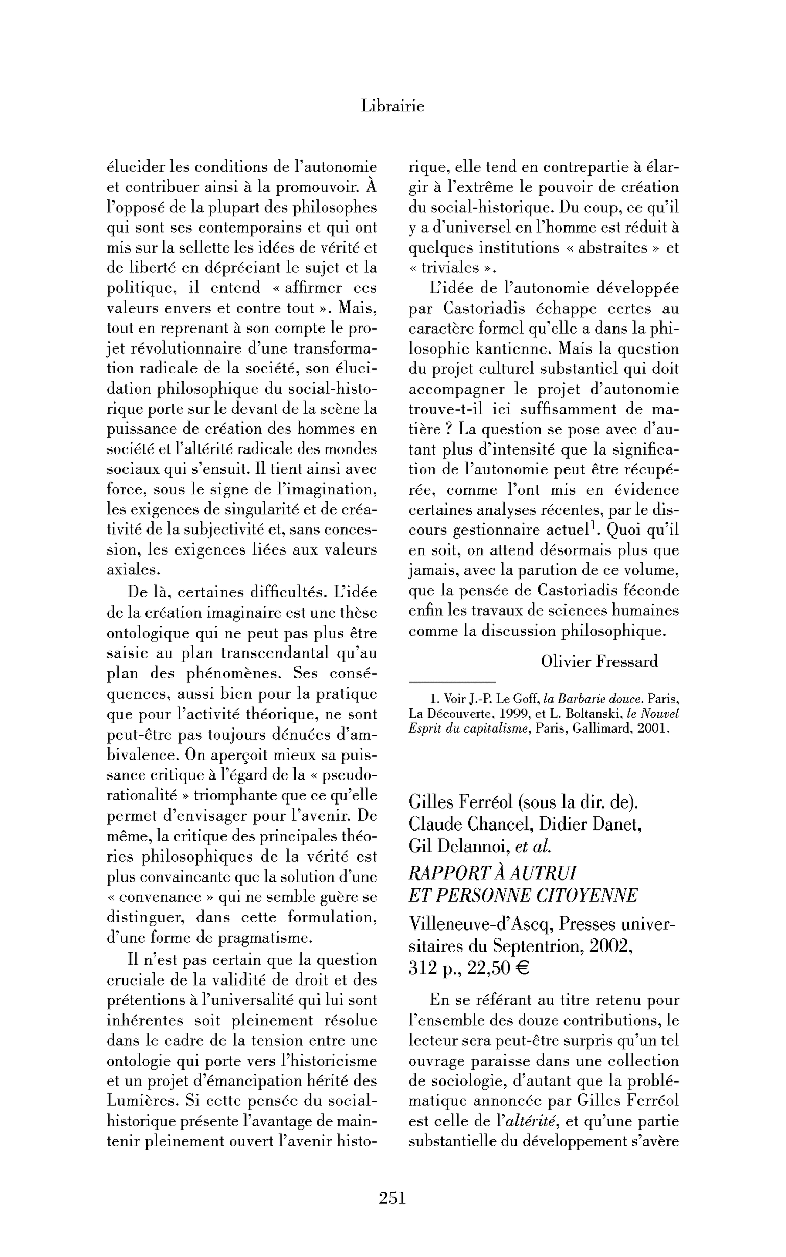 Rapport à autrui et personne citoyenne