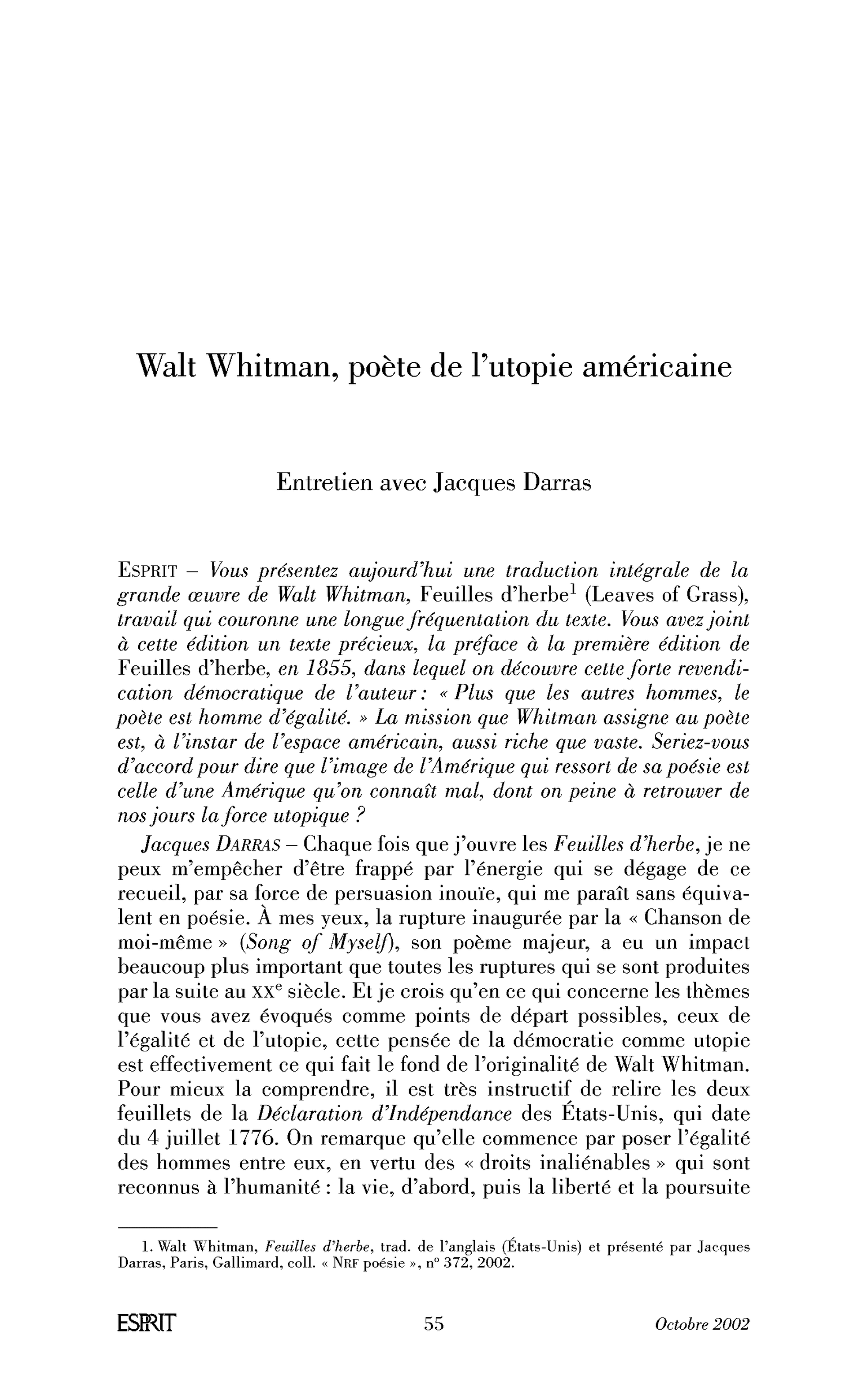 Walt Whitman, poète de l’utopie américaine. (Entretien avec Jacques Darras)