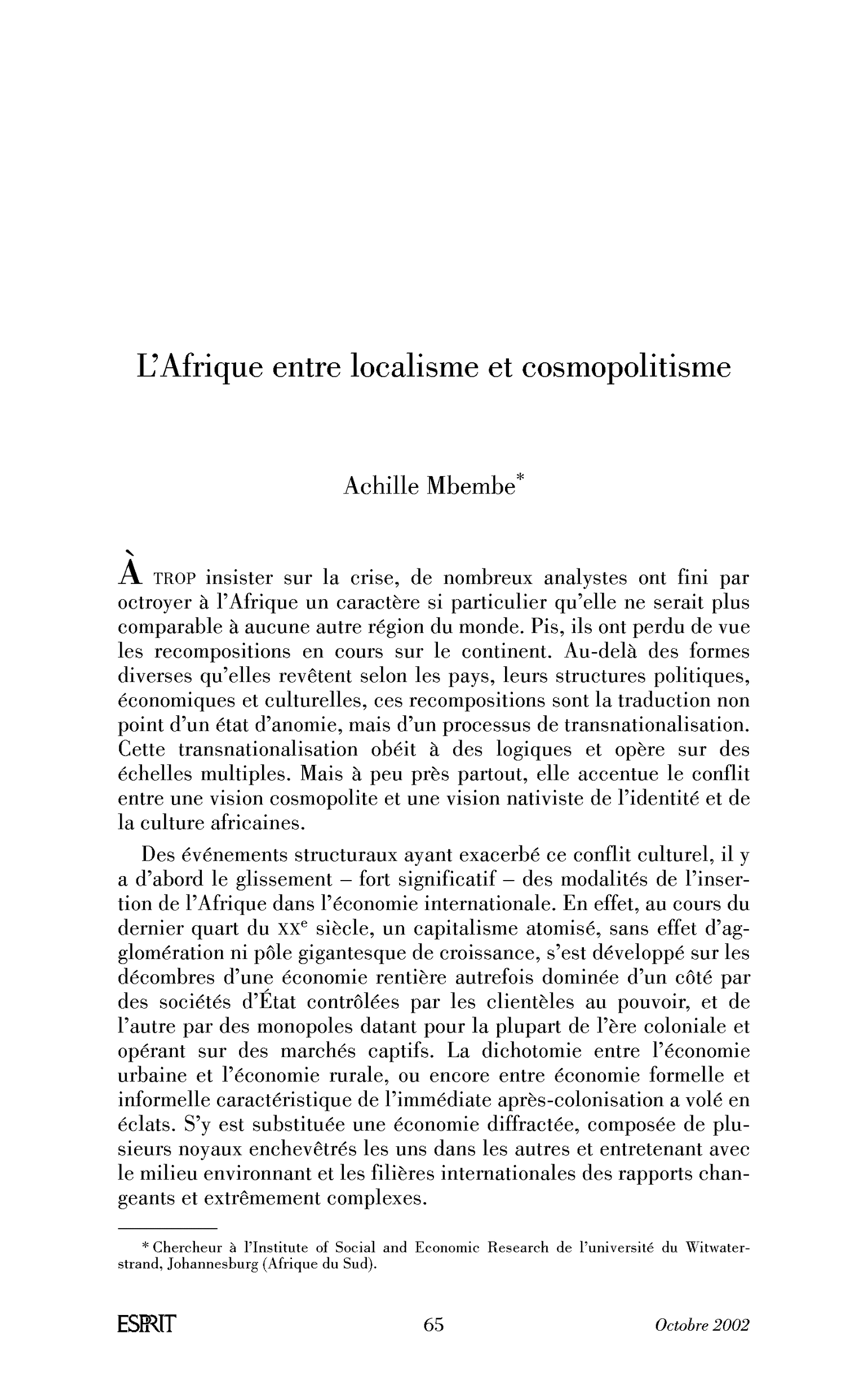 L’Afrique entre localisme et cosmopolitisme