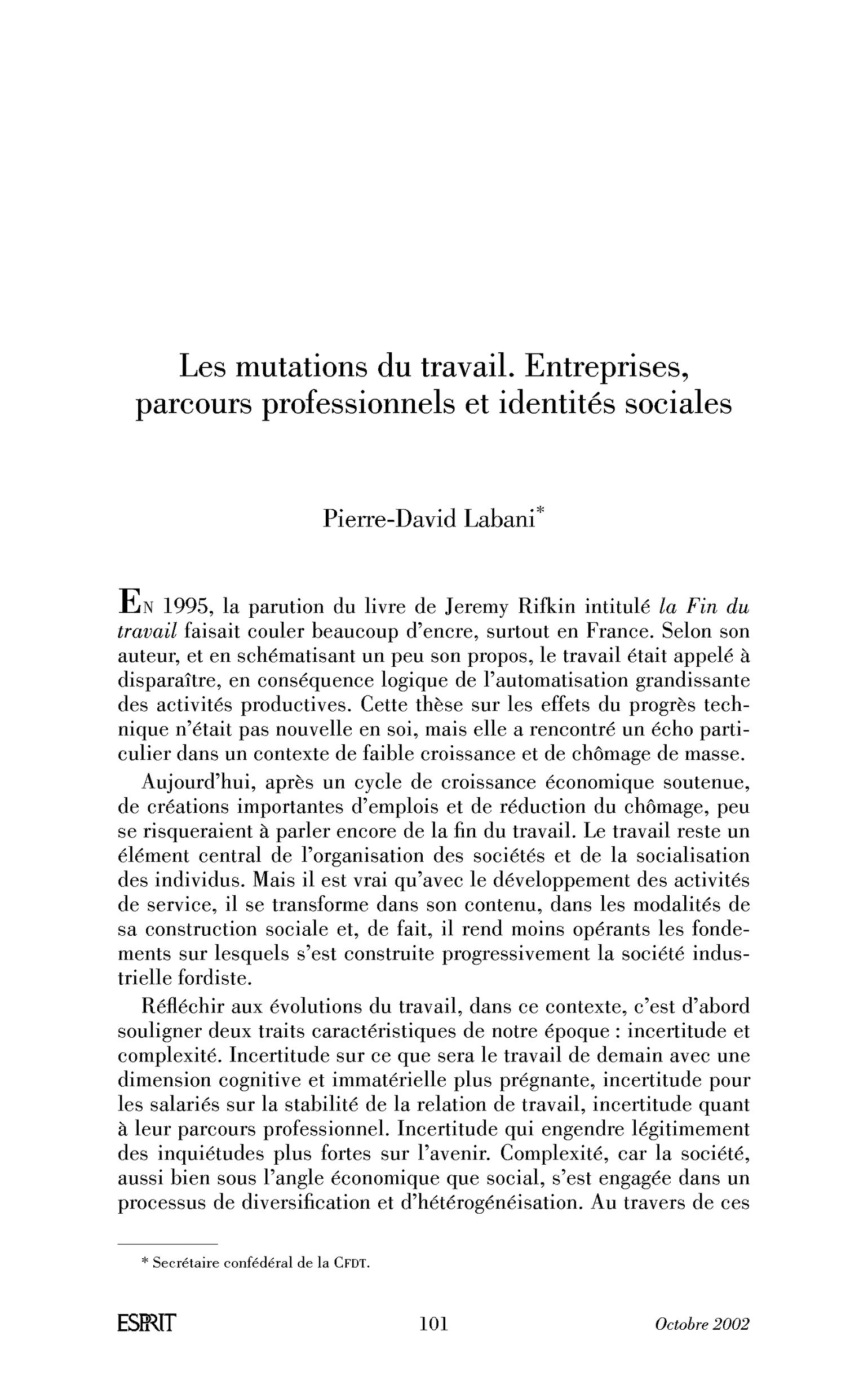 Les mutations du travail. Entreprises, parcours professionnels et identités sociales