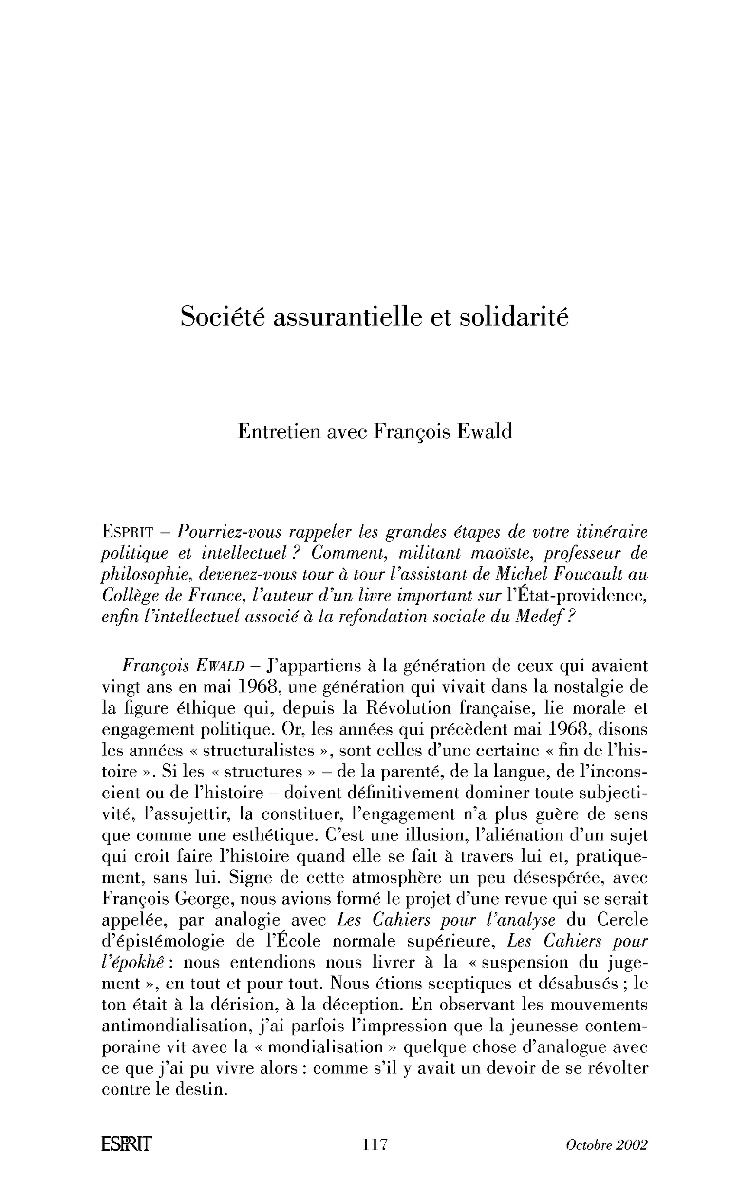 Société assurantielle et solidarité. (Entretien avec François Ewald)