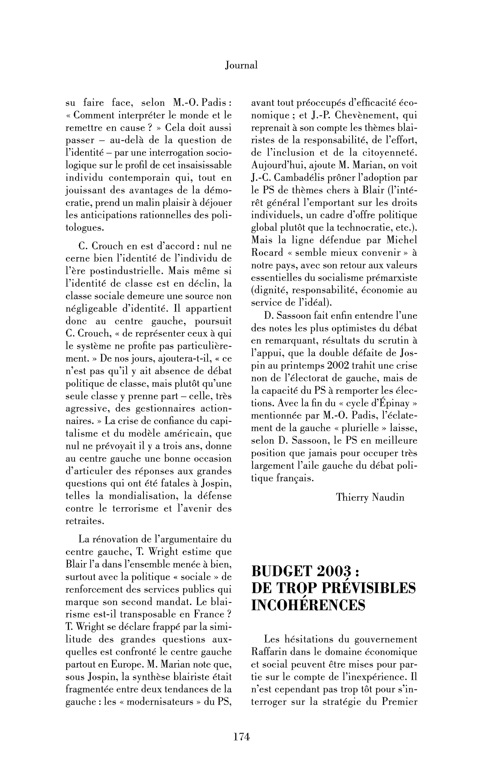 Budget 2003: de trop prévisibles incohérences