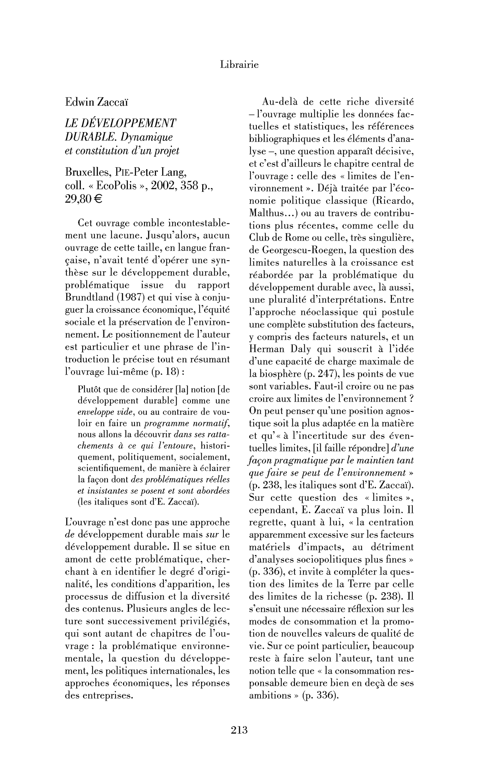 Edwin Zaccaï: le Développement durable. Dynamique et constitution d’un projet