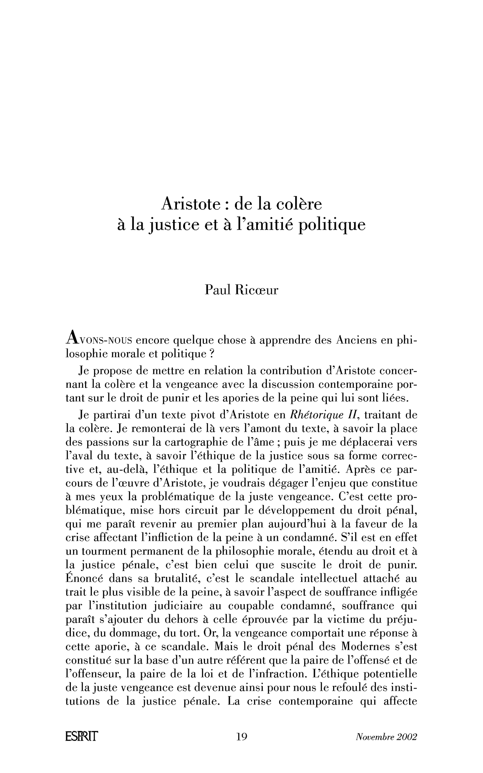 Aristote : de la colère à la justice et à l’amitié politique