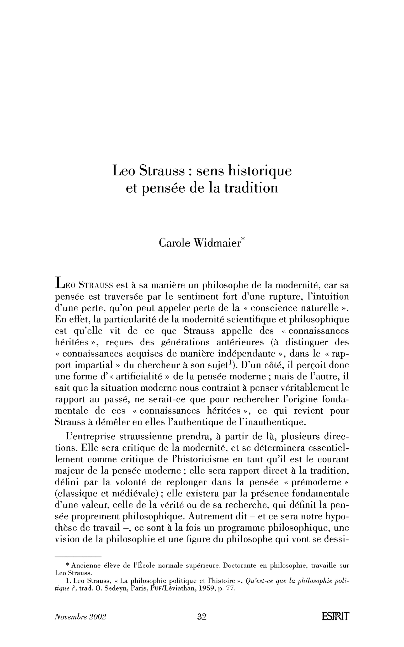 Leo Strauss: sens historique et pensée de la tradition
