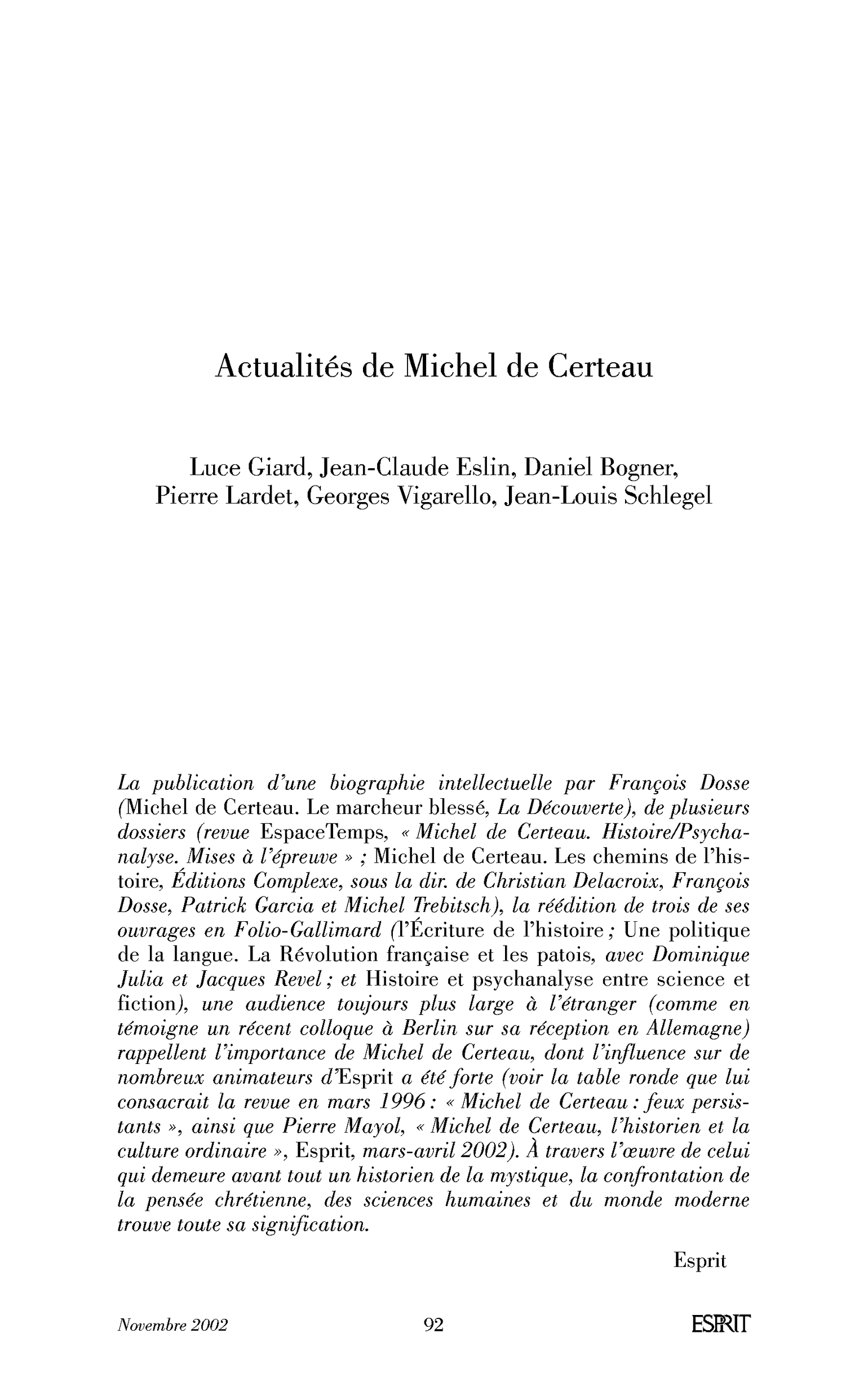 Actualités de Michel de Certeau