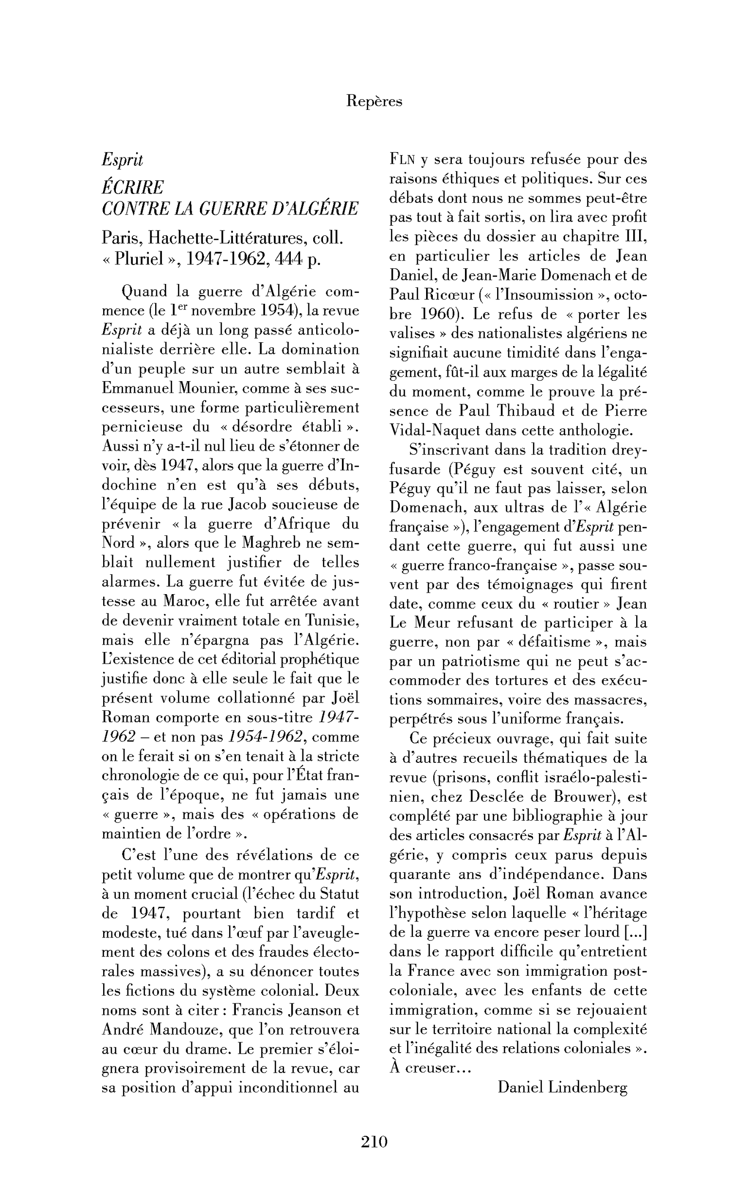 Esprit: Écrire contre la guerre d’Algérie