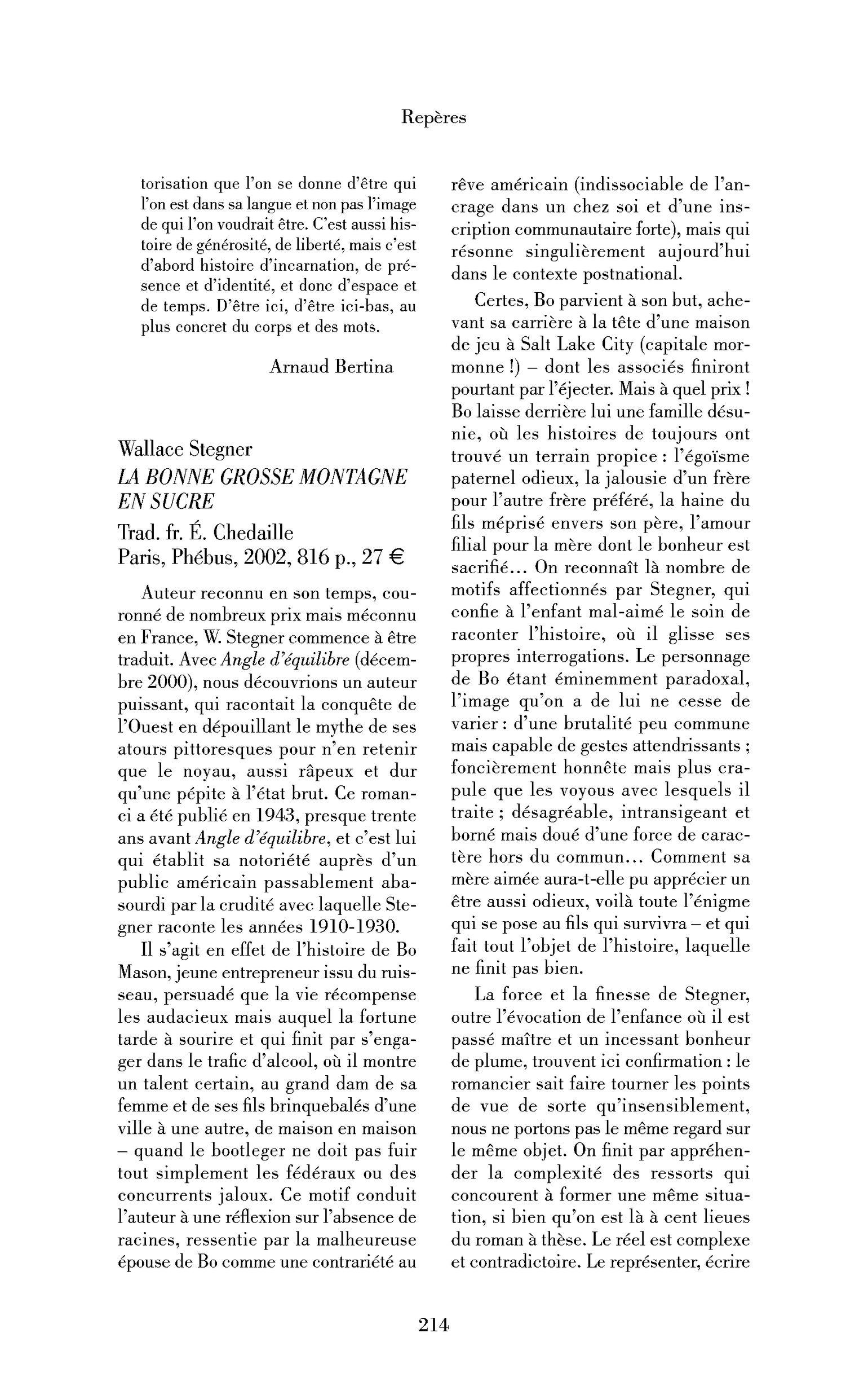 Wallace Stegner: la Bonne Grosse Montagne en sucre