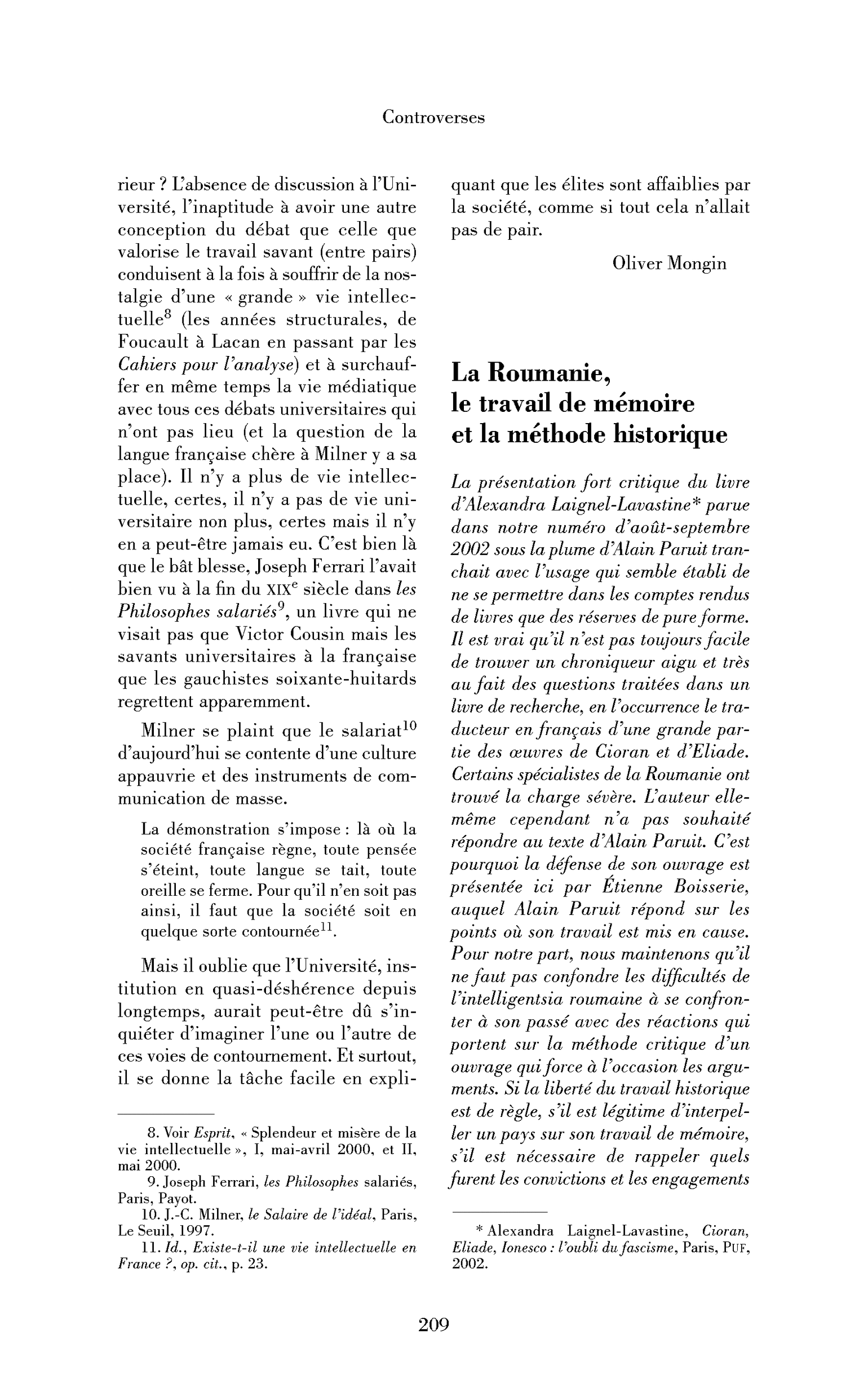 La Roumanie, le travail de mémoire et la méthode historique