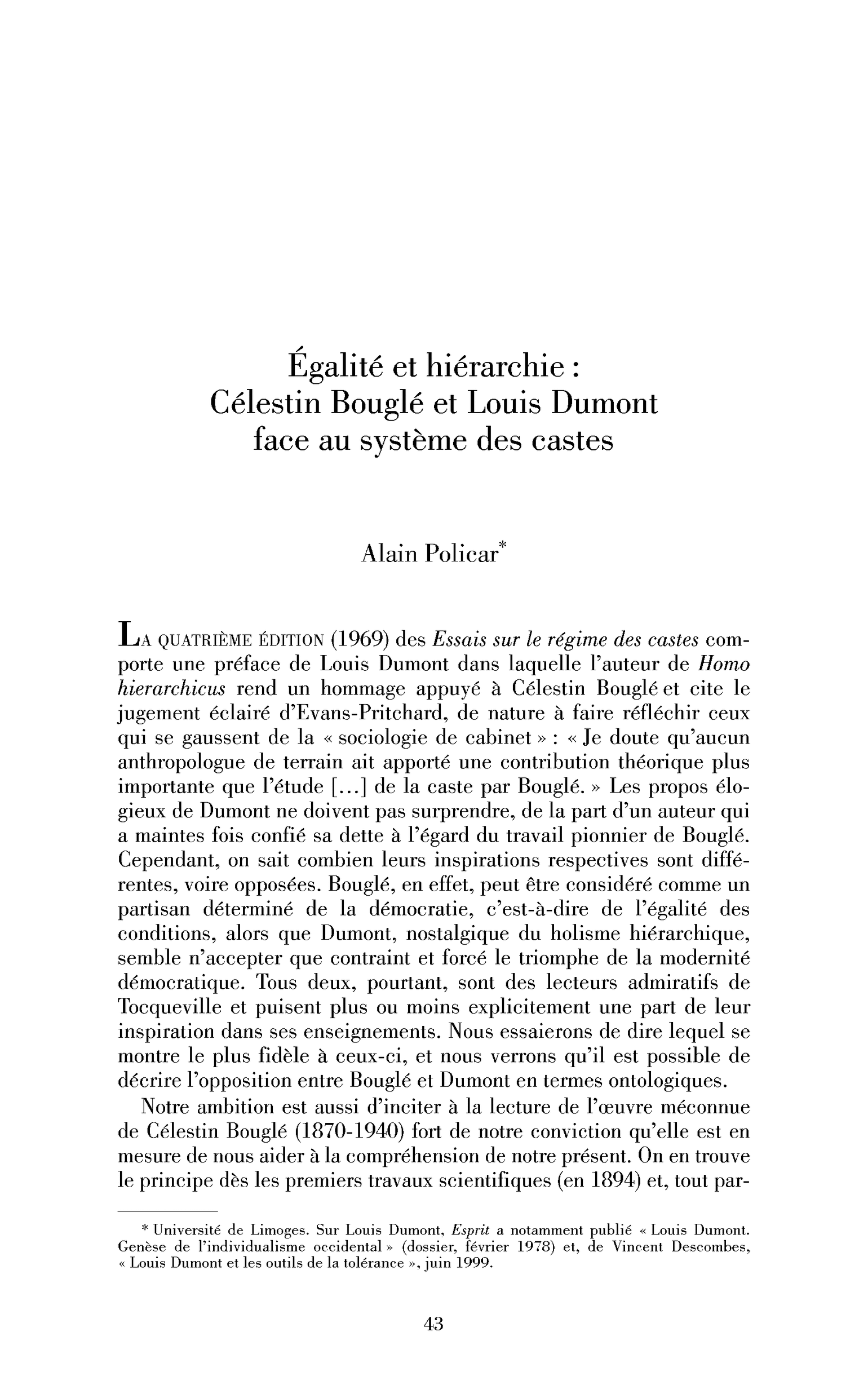 Égalité et hiérarchie : Célestin Bouglé et Louis Dumont face au système des castes