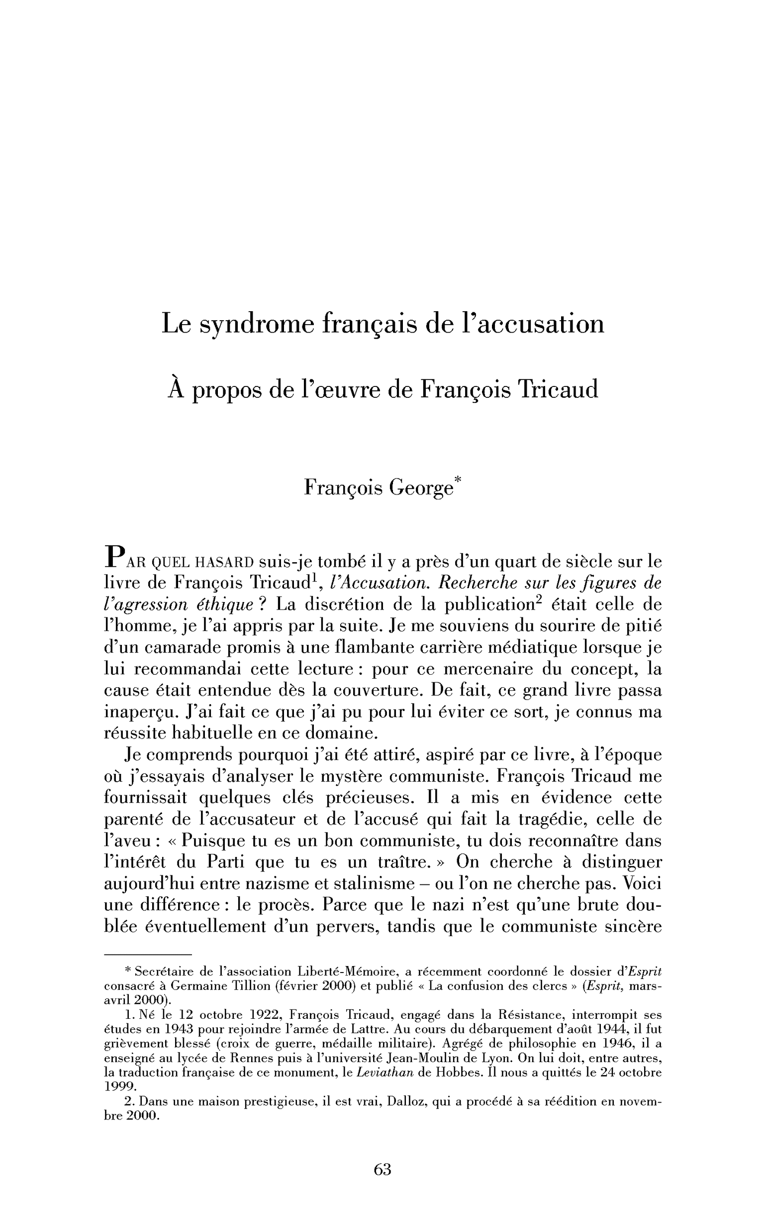 Le syndrome français de l’accusation. À propos de l’œuvre de François Tricaud