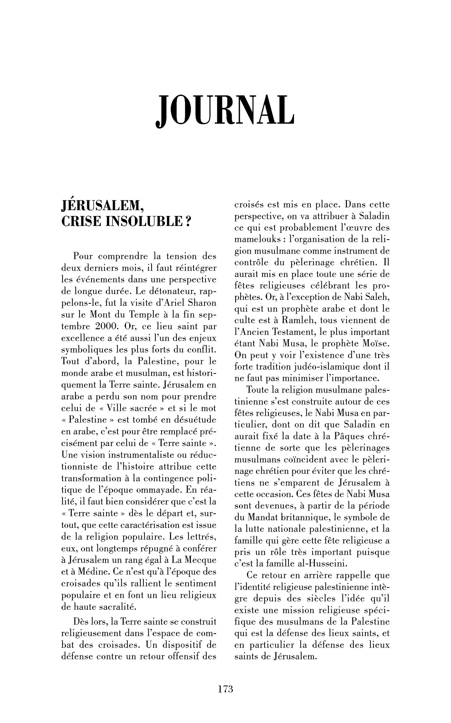 Jérusalem, crise insoluble