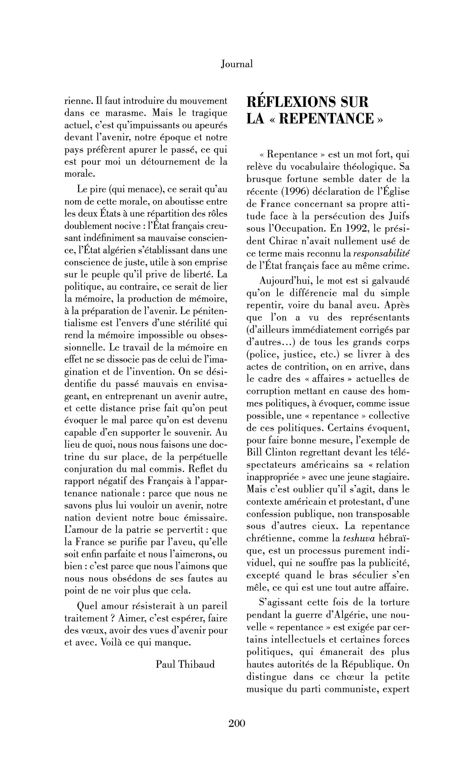 « Réflexions sur la »« repentance« « « 