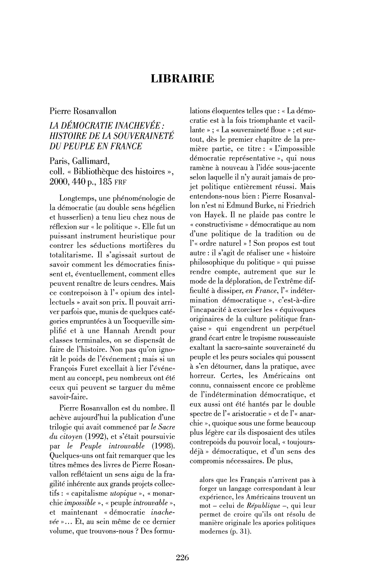 Pierre Rosanvallon : la Démocratie inachevée : histoire de la souveraineté du peuple en France