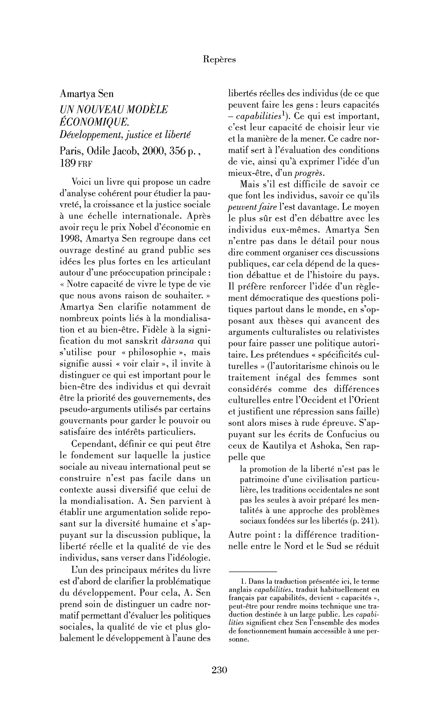 Amartya Sen : Un nouveau modèle économique. Développement, justice et liberté