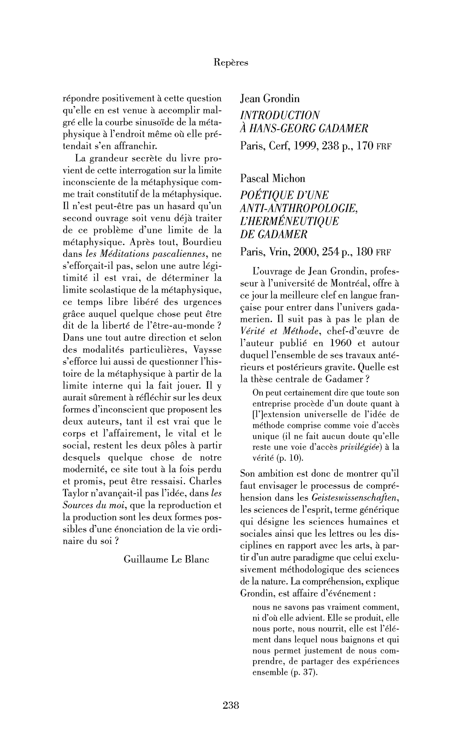 Pascal Michon : Poétique d’une anti-anthropologie, l’herméneutique de Gadamer