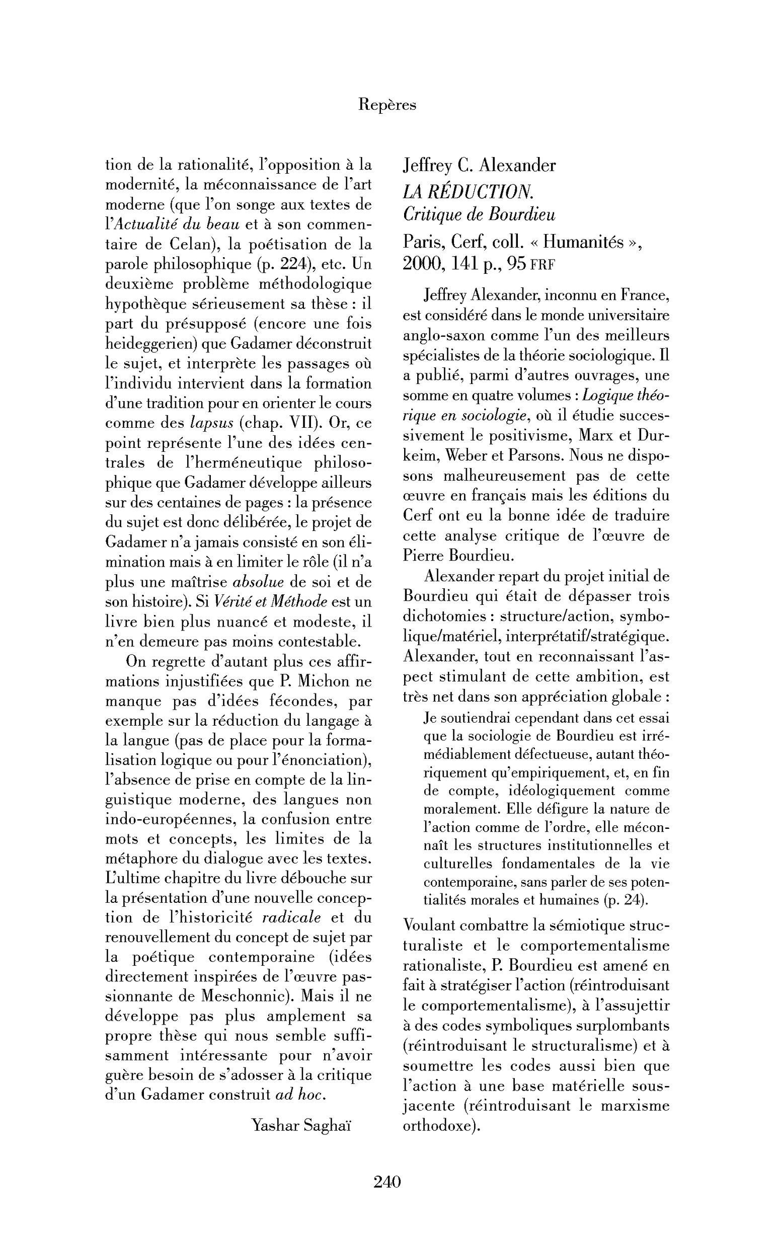 Jeffrey C. Alexander : la Réduction. Critique de Bourdieu