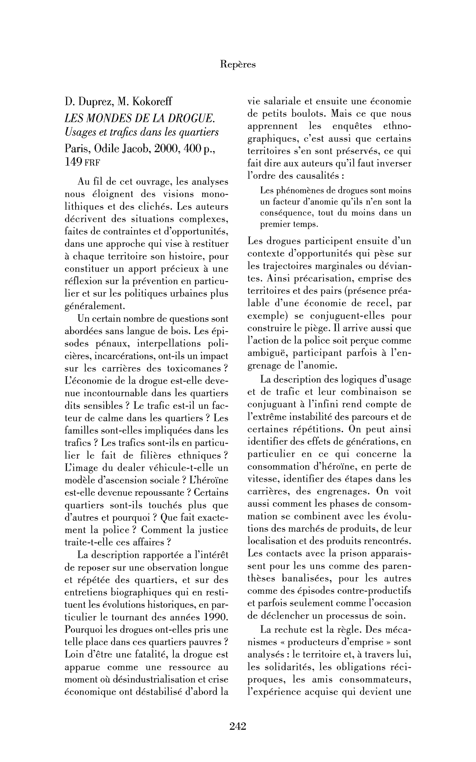 D. Duprez et M. Kokoreff : les Mondes de la drogue. Usages et trafics dans les quartiers