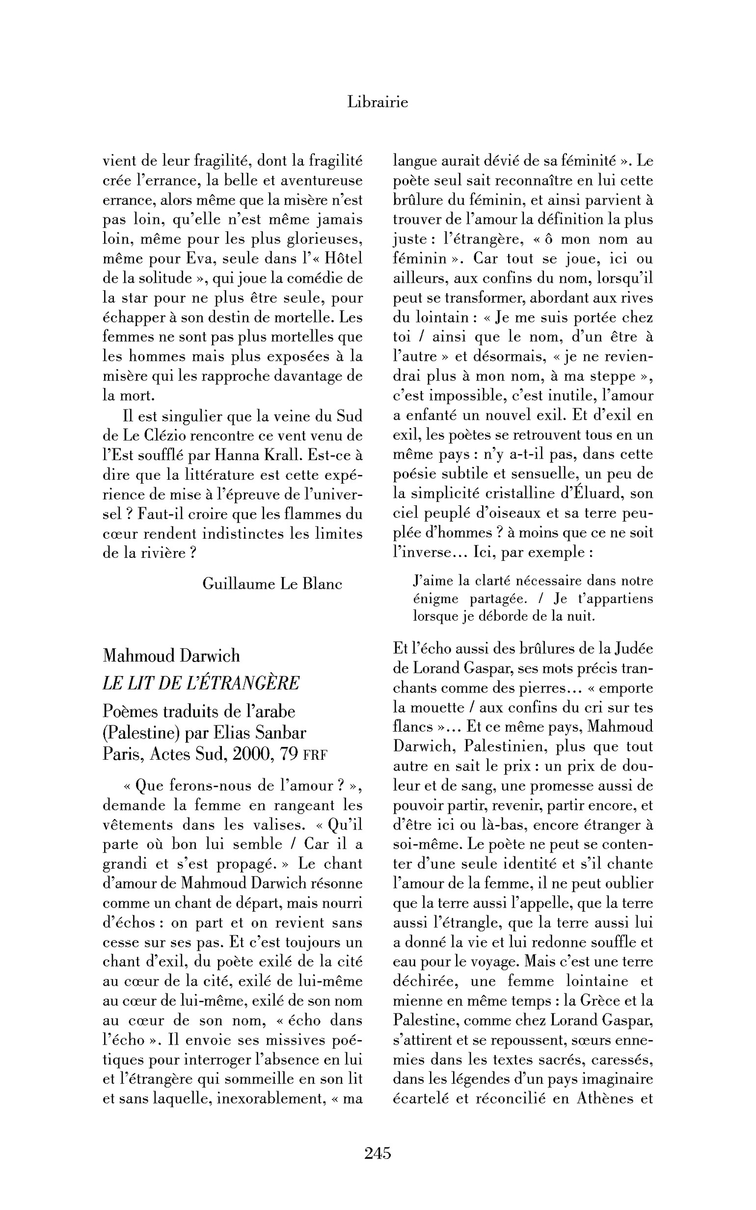 Mahmoud Darwich : le Lit de l’étrangère