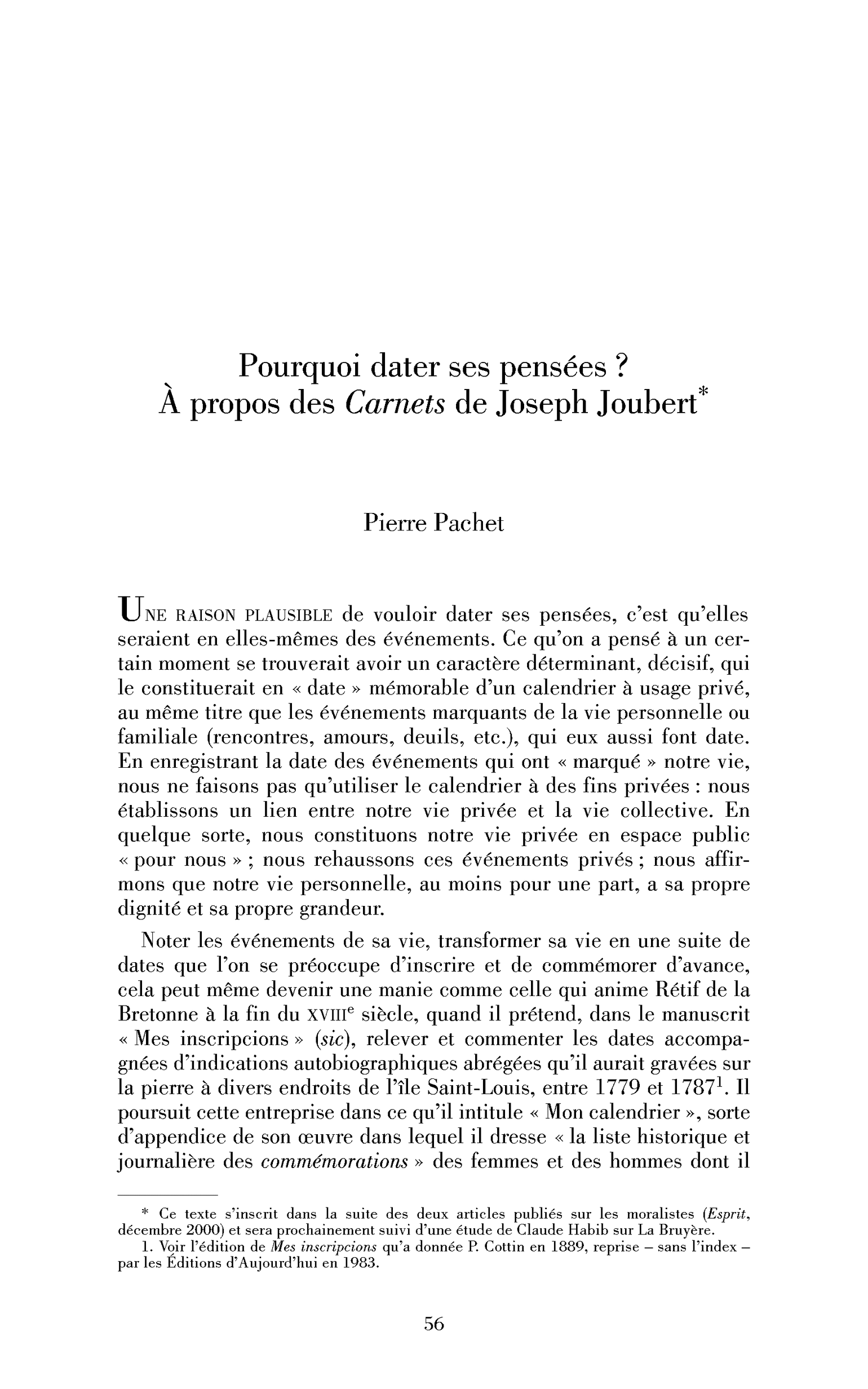 Pourquoi dater ses pensées? À propos des Carnets de Joseph Joubert