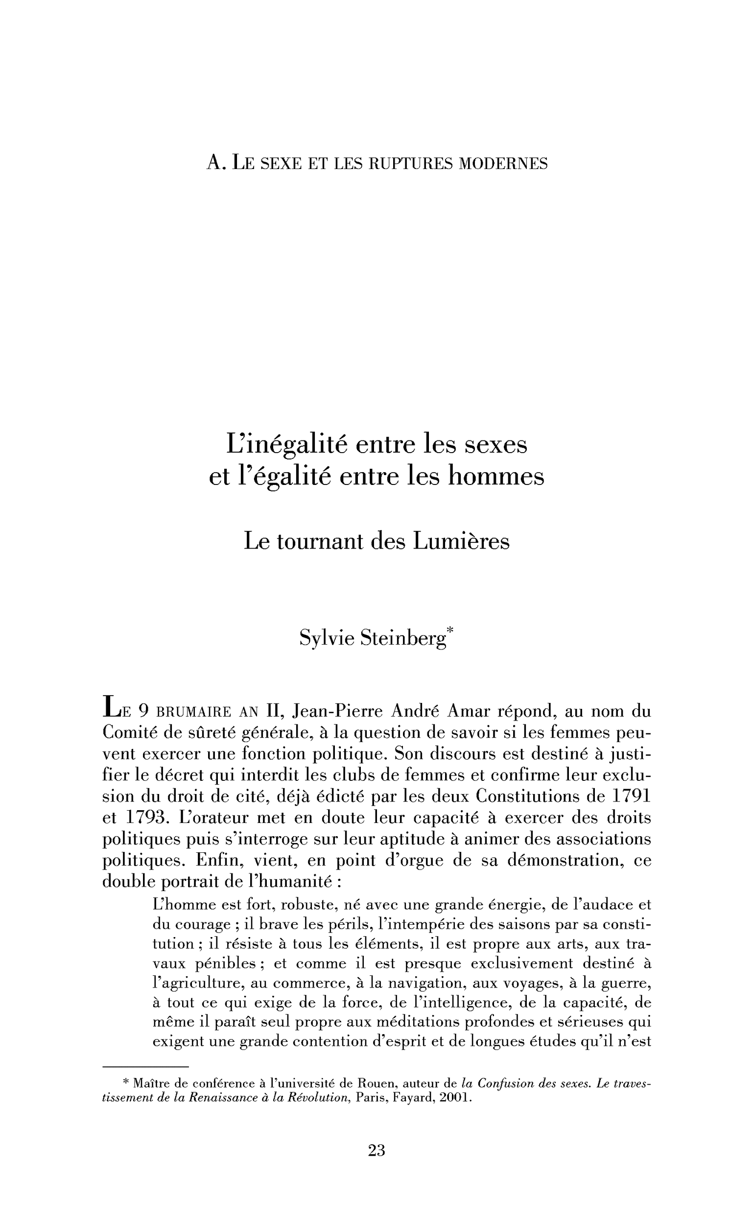 L’inégalité entre les sexes et l’égalité entre les hommes. Le tournant des Lumières