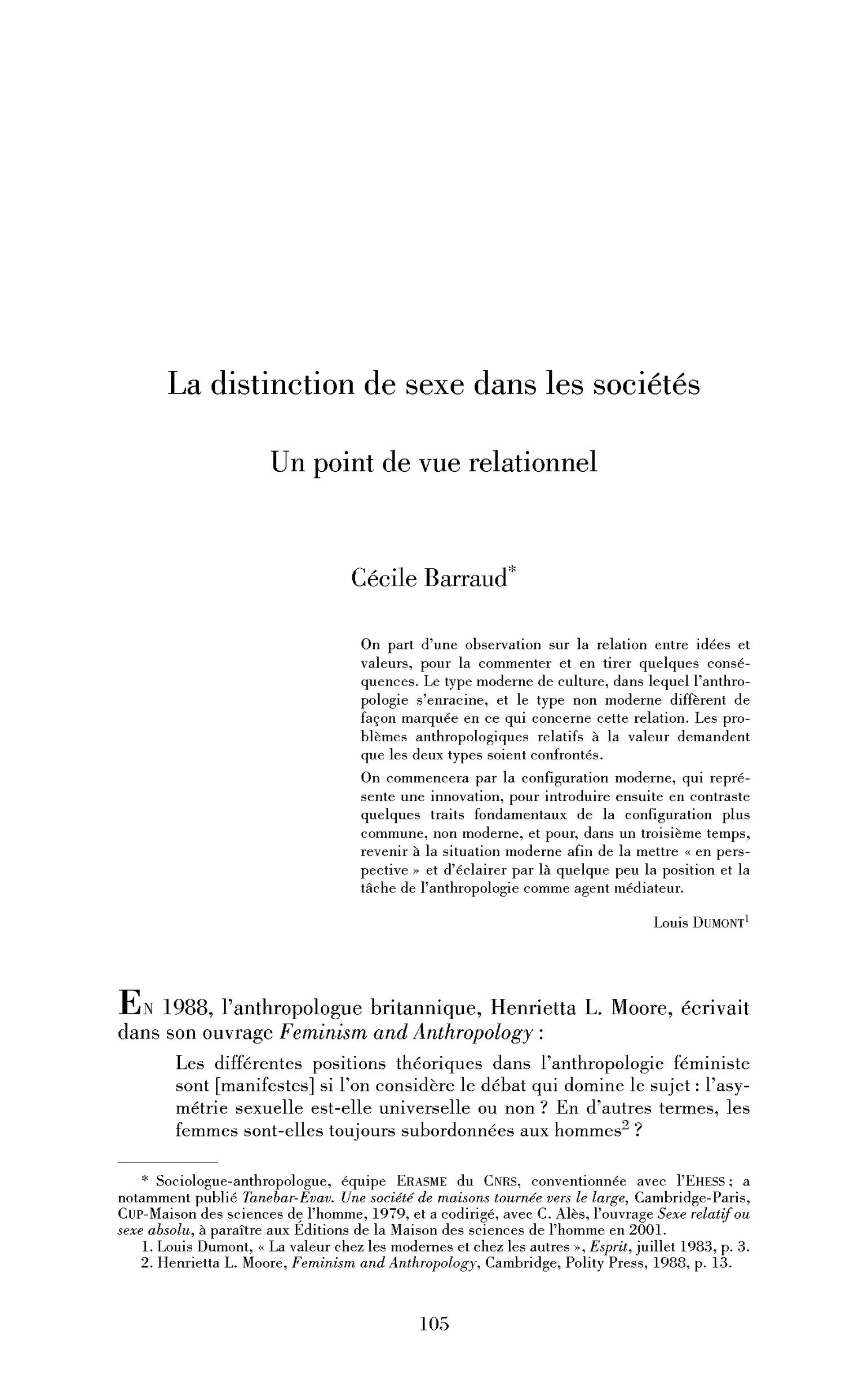 La distinction de sexe dans les sociétés. Un point de vue relationnel
