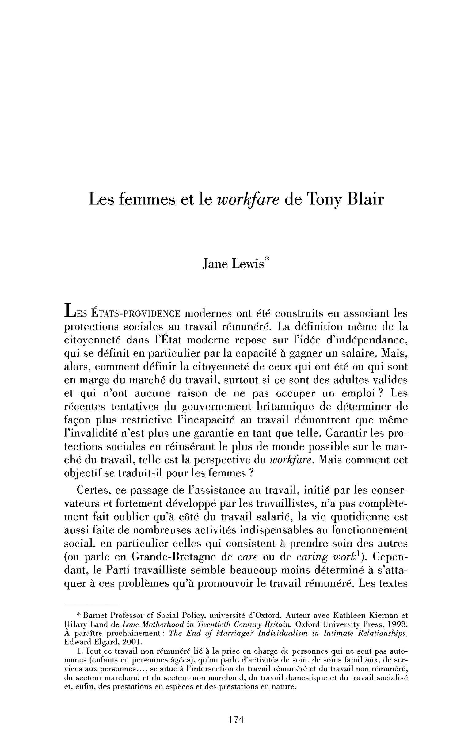 Les femmes et le workfare de Tony Blair