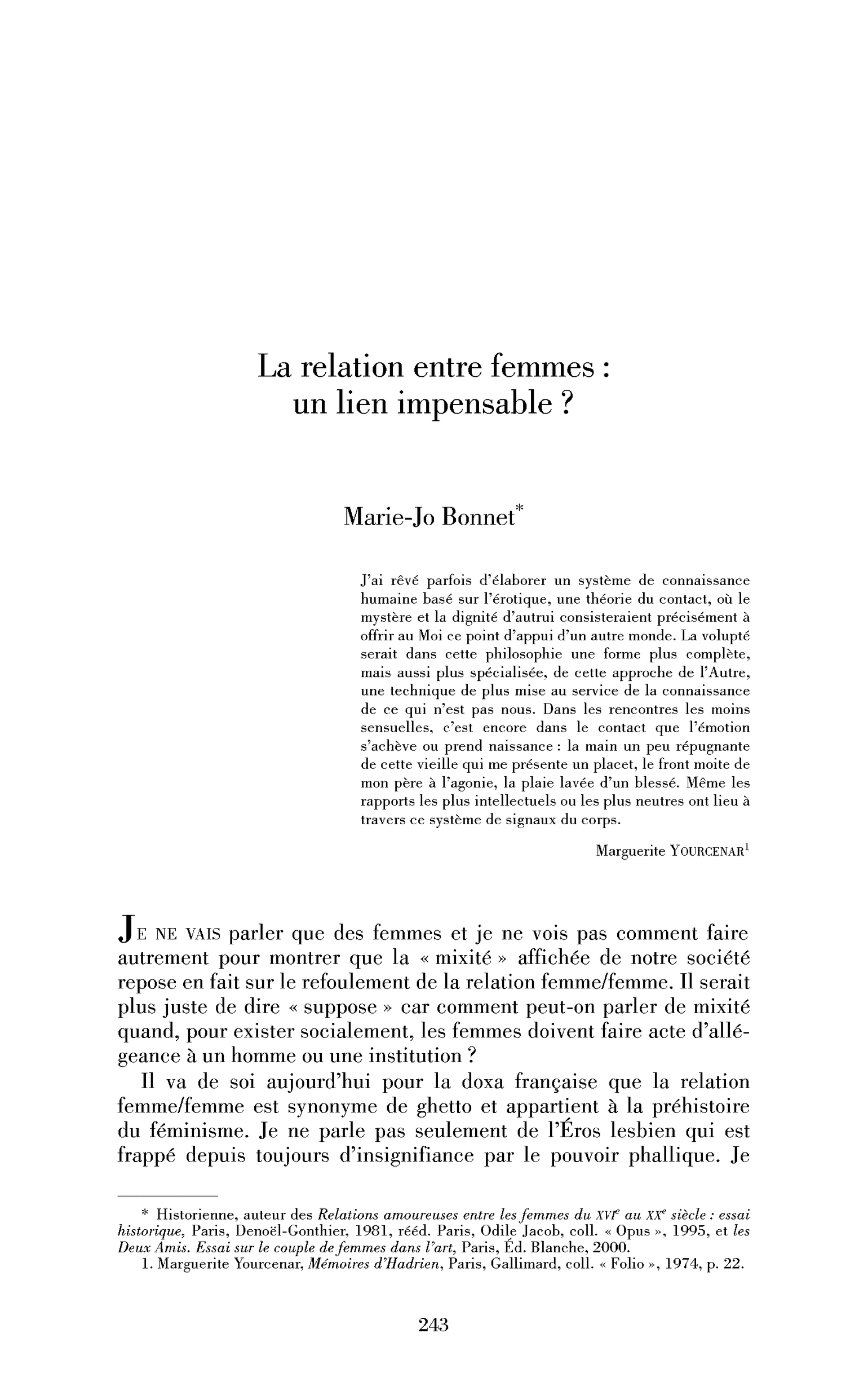 La relation entre femmes : un lien impensable?