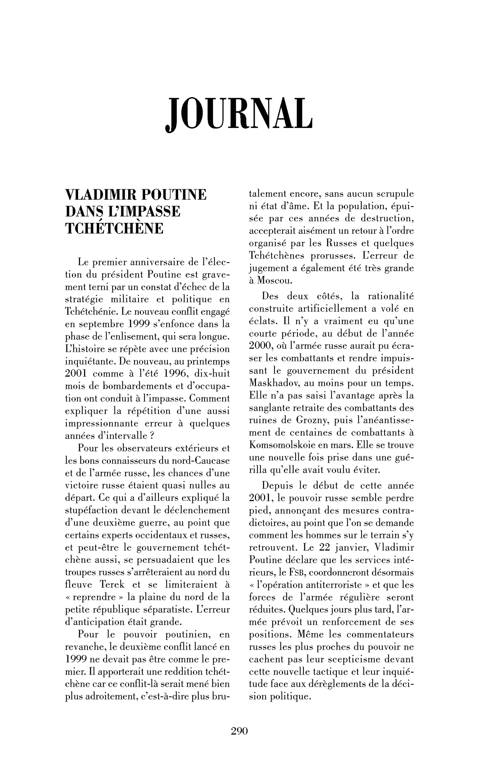 Vladimir Poutine dans l’impasse tchétchène