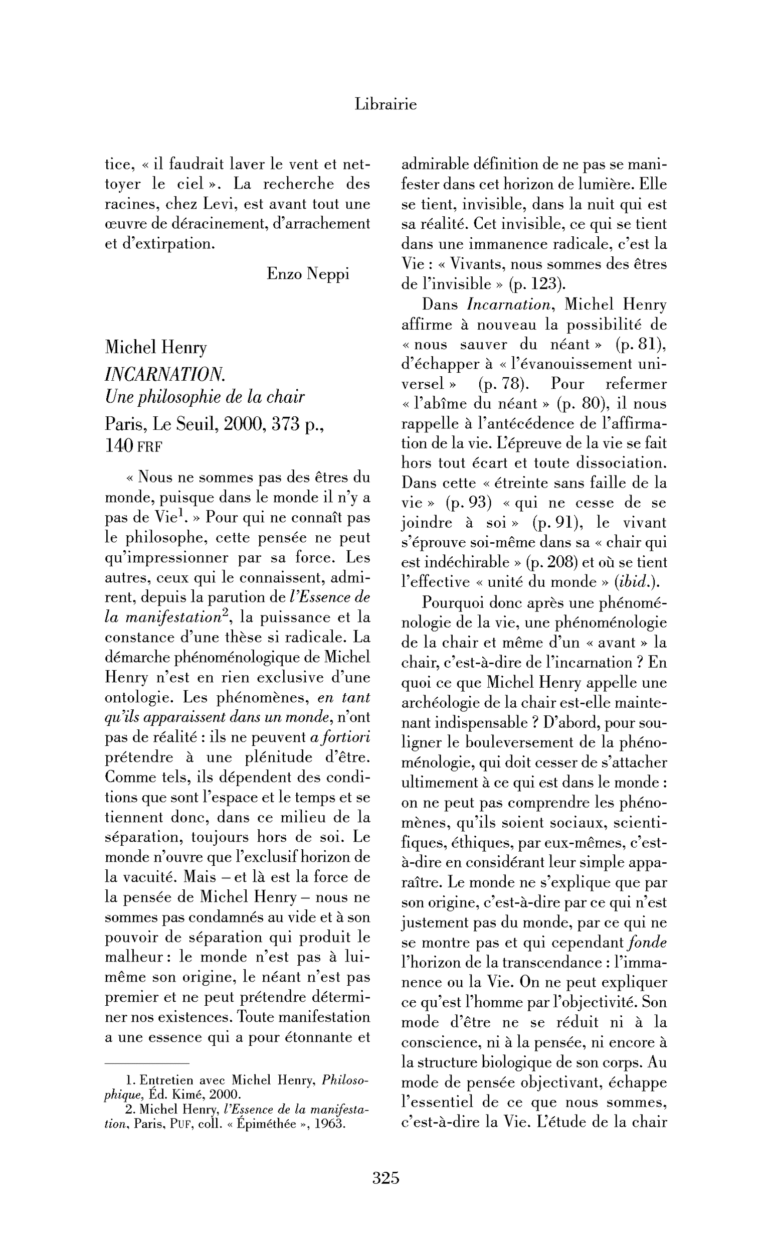 Michel Henry : Incarnation. Une philosophie de la chair