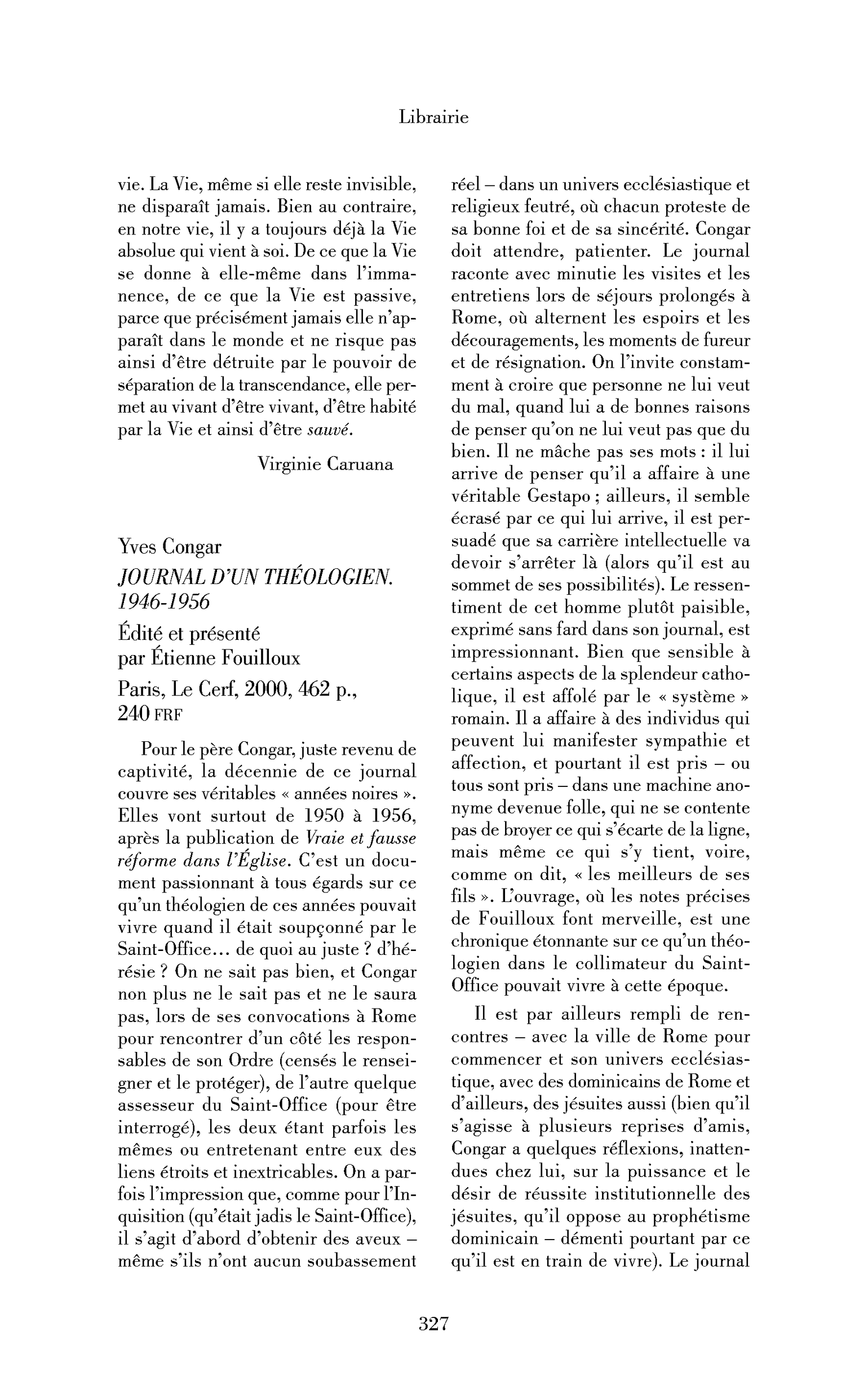 Yves Congar : Journal d’un théologien. 1946-1956