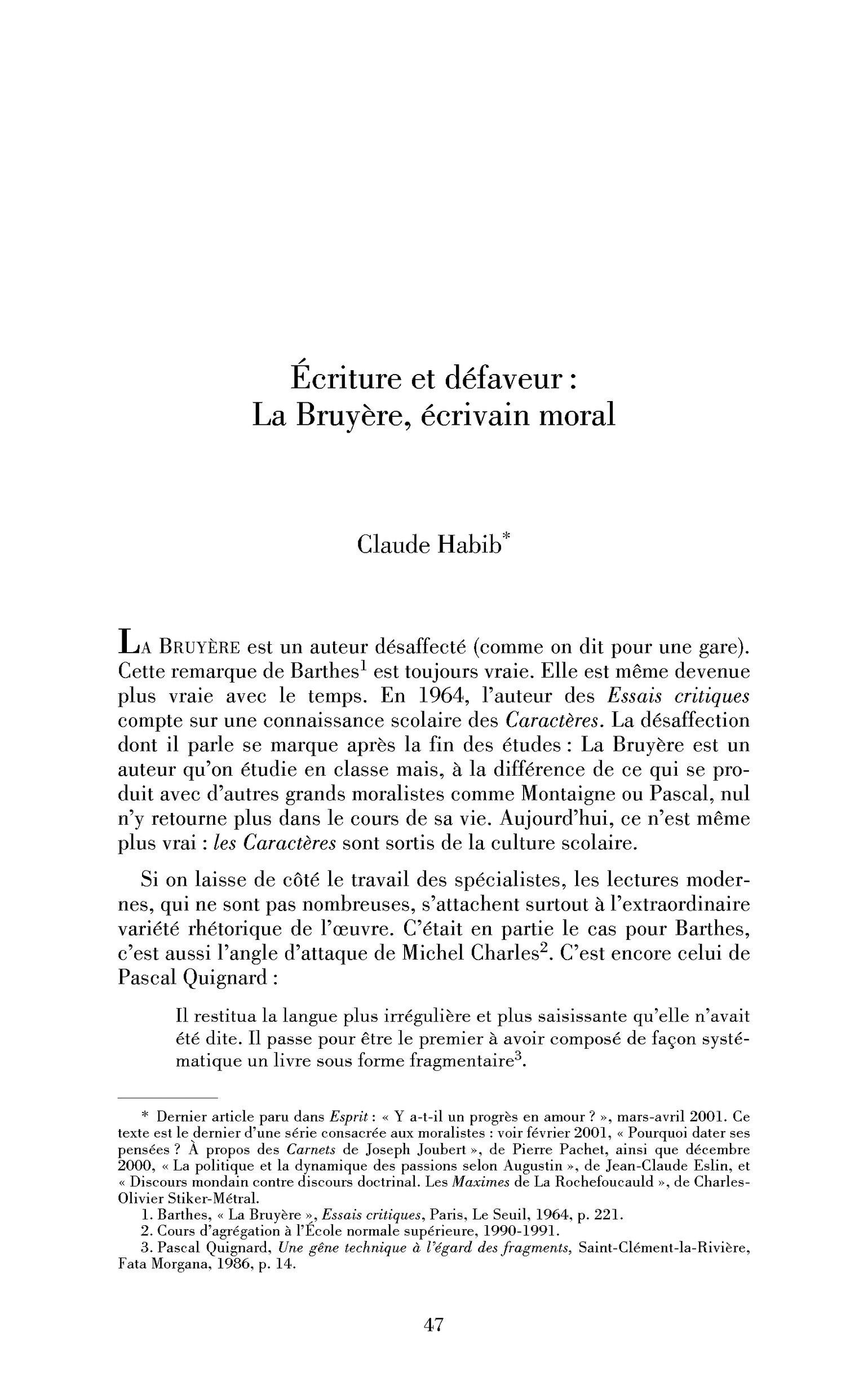 Écriture et défaveur : La Bruyère, écrivain moral