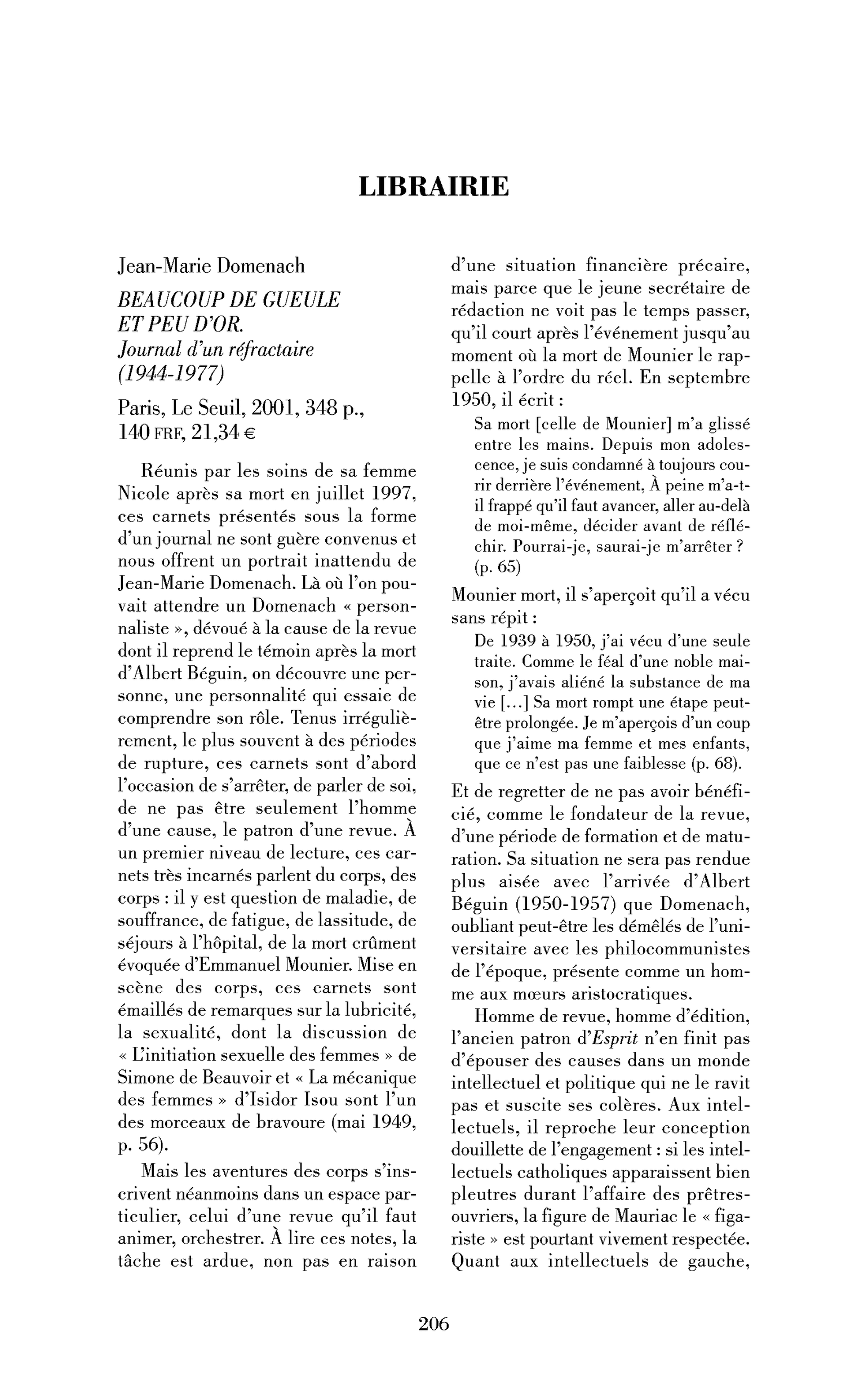 Jean-Marie Domenach : Beaucoup de gueule et peu d’or. Journal d’un réfractaire (1944-1977)